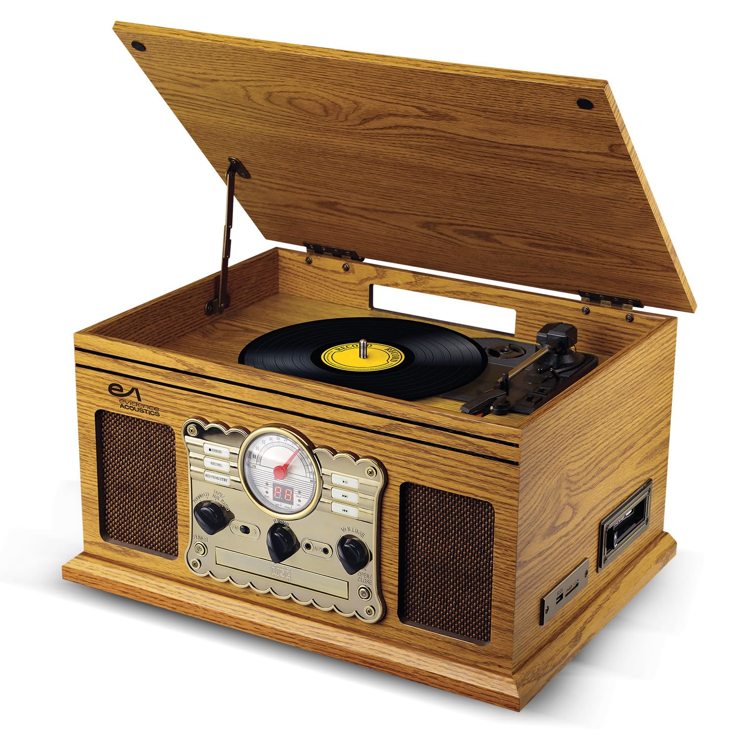Chaîne HiFi Tourne-Disque Evidence Acoustics EA-PL300-WOOD Vinyle 33/45/78, 60W, FM, CD, Cassette, BT USB SD REC, rétro Vintage