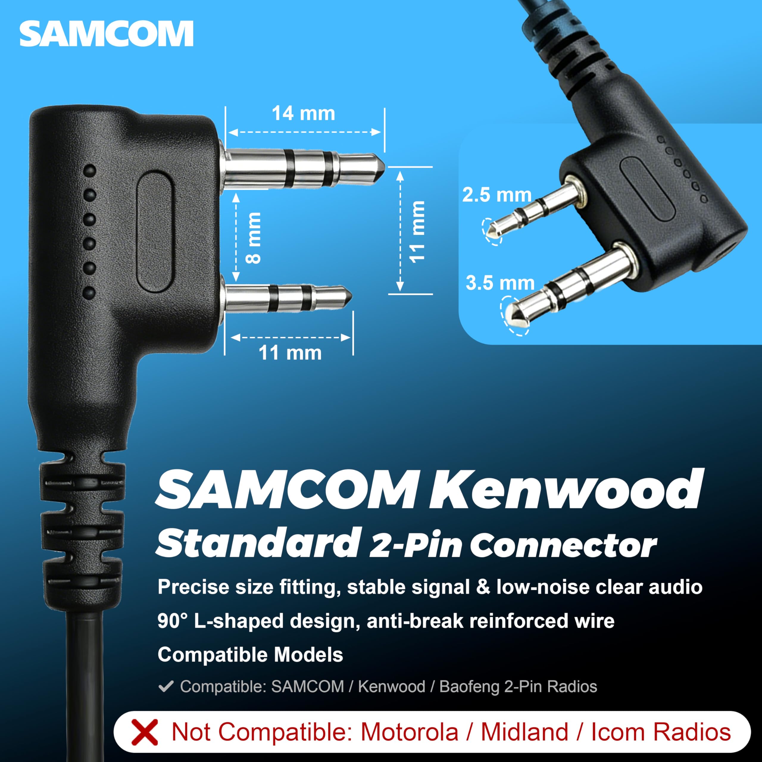SAMCOM Walkie-Talkie SM008 - Auricolari a tubo acustico con microfono, per radio bidirezionali FPCN30A, FPCN10A, FPCN20A, spina a 2 pin, compatibile con radio Kenwood a 2 vie (confezione da 10)