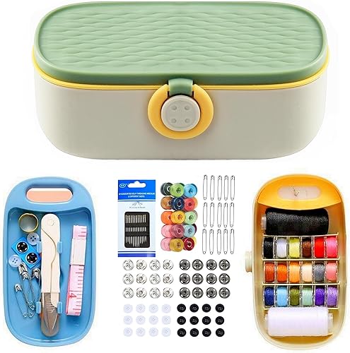 WANSHUNLMI Kit de costura verde, 140 piezas de viaje familiar, kit de proyectos de costura portátil para viajeros pequeños, kit de reparación,