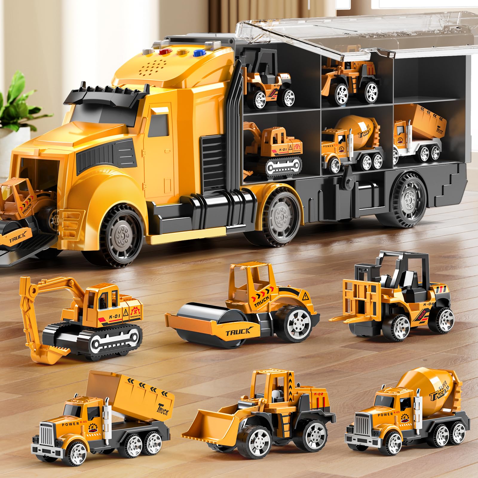 Construction Trucks Toy Set with Play Mat, Carrier Truck Play Vehicles Set for 3 4 5 6 Years Old Boys Kids, Die-Cast Car Toy for Toddlers 3-4 Years, Birthday Gifts Toys for 3-9 Year Old Boys