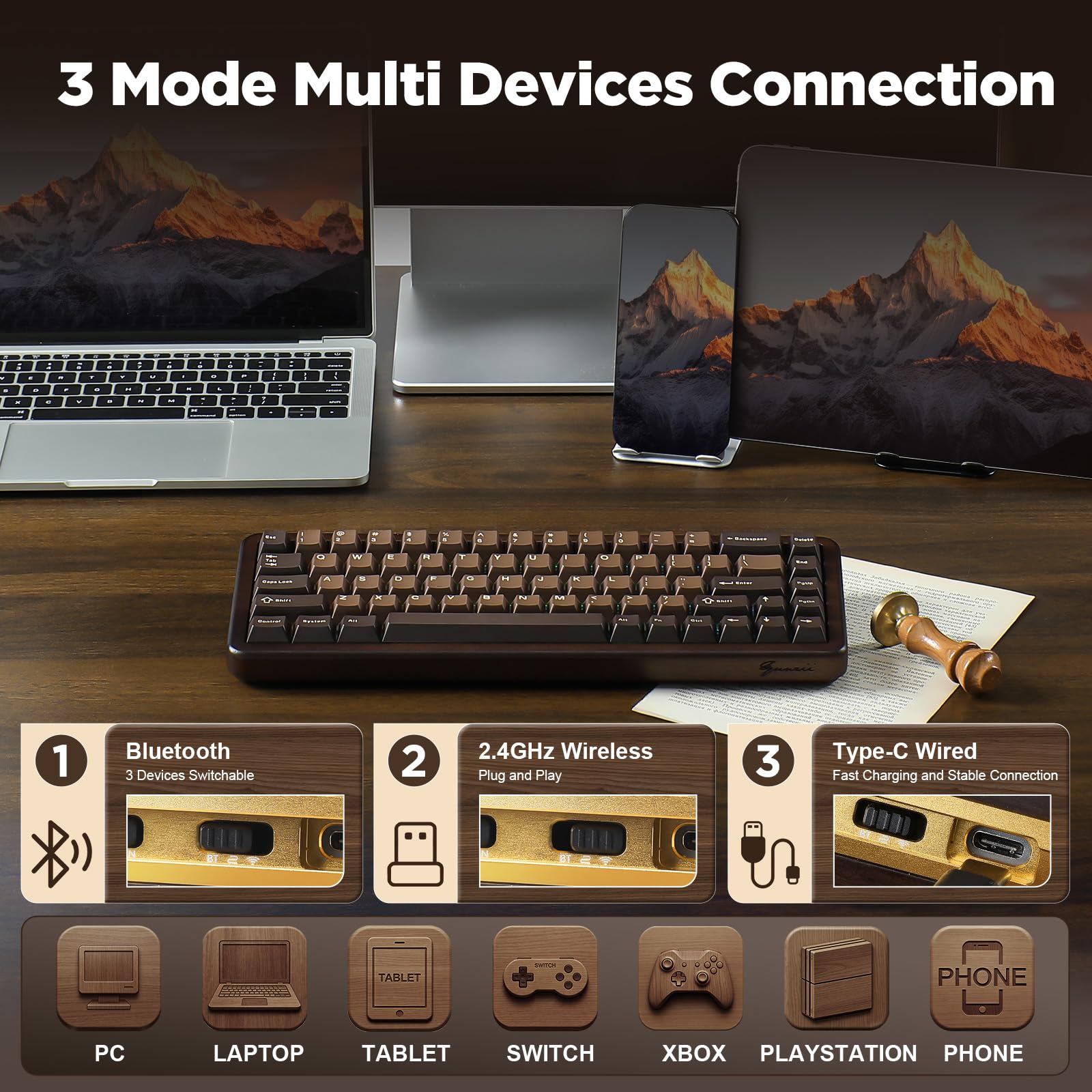 YUNZII WOOD68 Teclado mecânico sem fios 65% de madeira, teclado