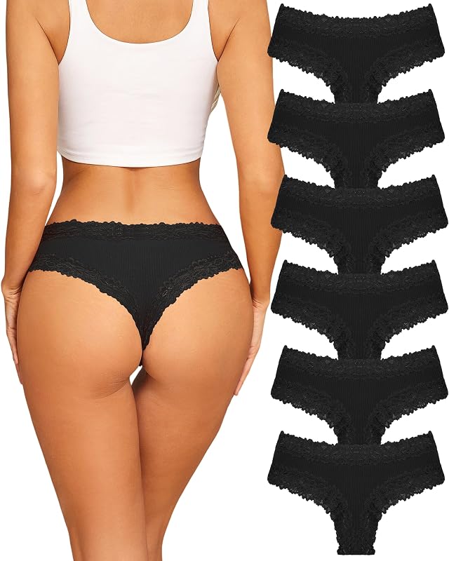 Sth Big Womens Cotton Underwear Sexy Lace Brazilian Panties Soft Breathable Cotton Bikini for Ladies 6 Pack