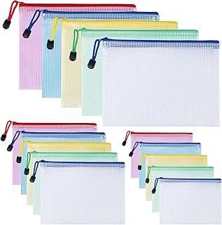 Carehabi Bolsas coloridas para documentos A3 + A4 + A5, 15 capas impermeáveis para documentos, bolsa de malha com fecho de correr, bolso com fecho de correr para arquivos, bolsa de plástico com fecho