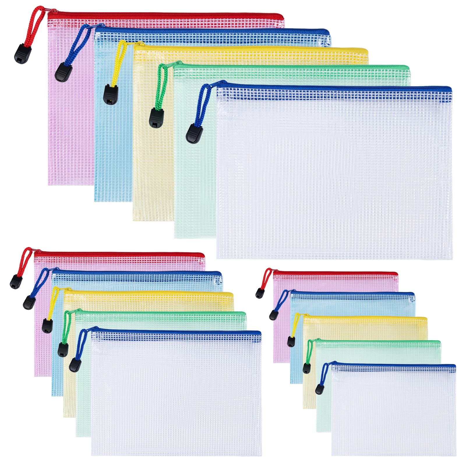 Carehabi Kleurrijke documententas A3 A4 A5, 15 stuks waterdichte documententas, mesh-tas met ritssluiting, vak met ritssluiting, mesh-kunststof, ritsvak voor documenten, cosmetica (3 maten