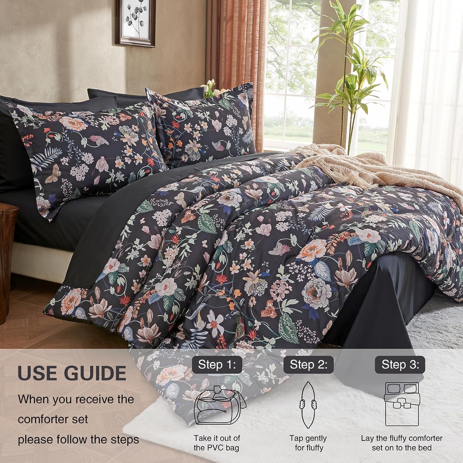 7 Piece Queen Comforter Set, Black Butterfly Floral Comforter Set with Flowers Leaves Pattern, Soft Microfiber Complete Bedding Set for All Season(Black, Queen)