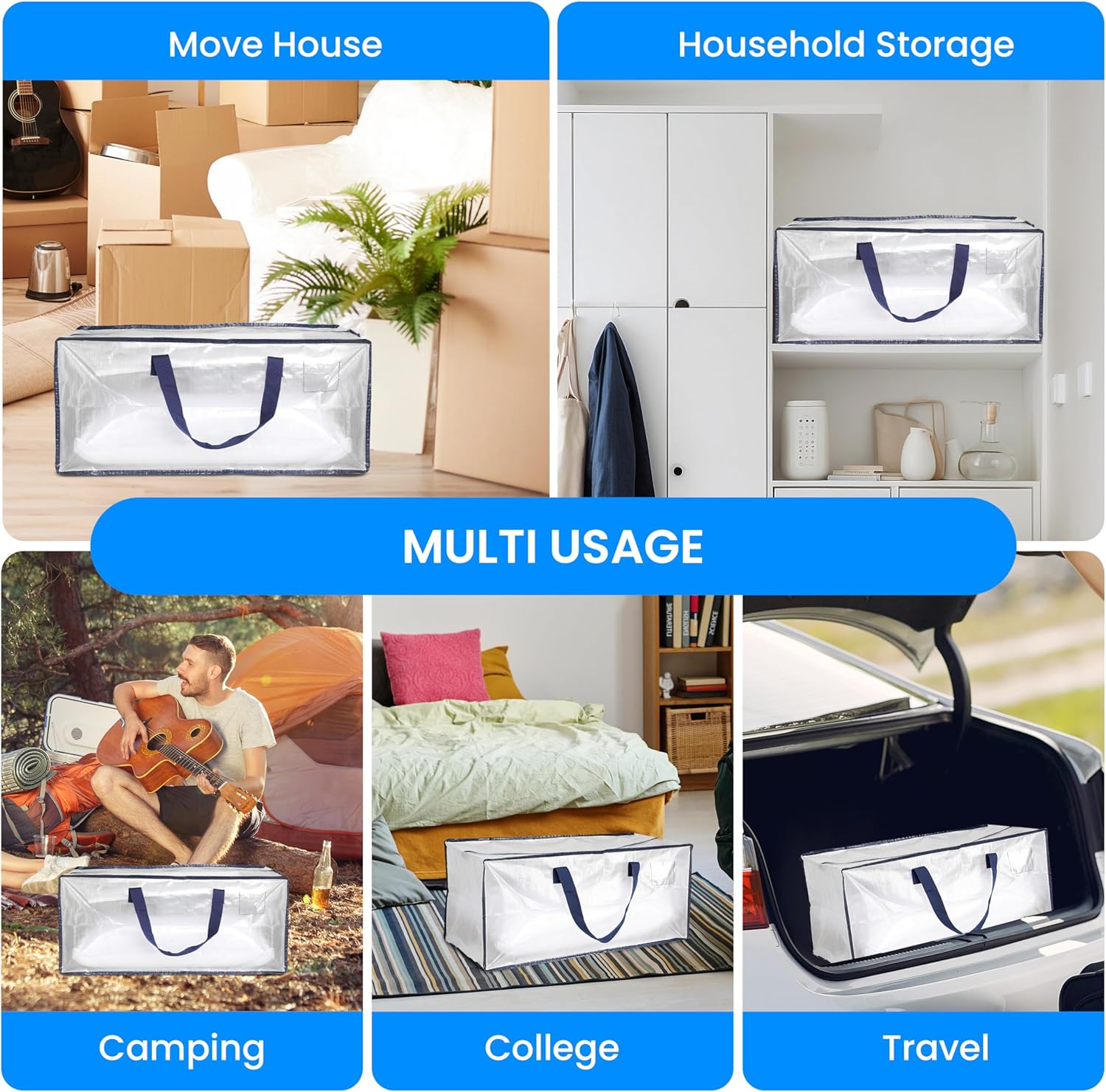 Simple Deluxe 10 Pack Extra Large Moving Bags with Backpack Straps, Strong Handles/Zippers, Heavy Duty Storage Tote for Moving Travel Camping Space Saving, White