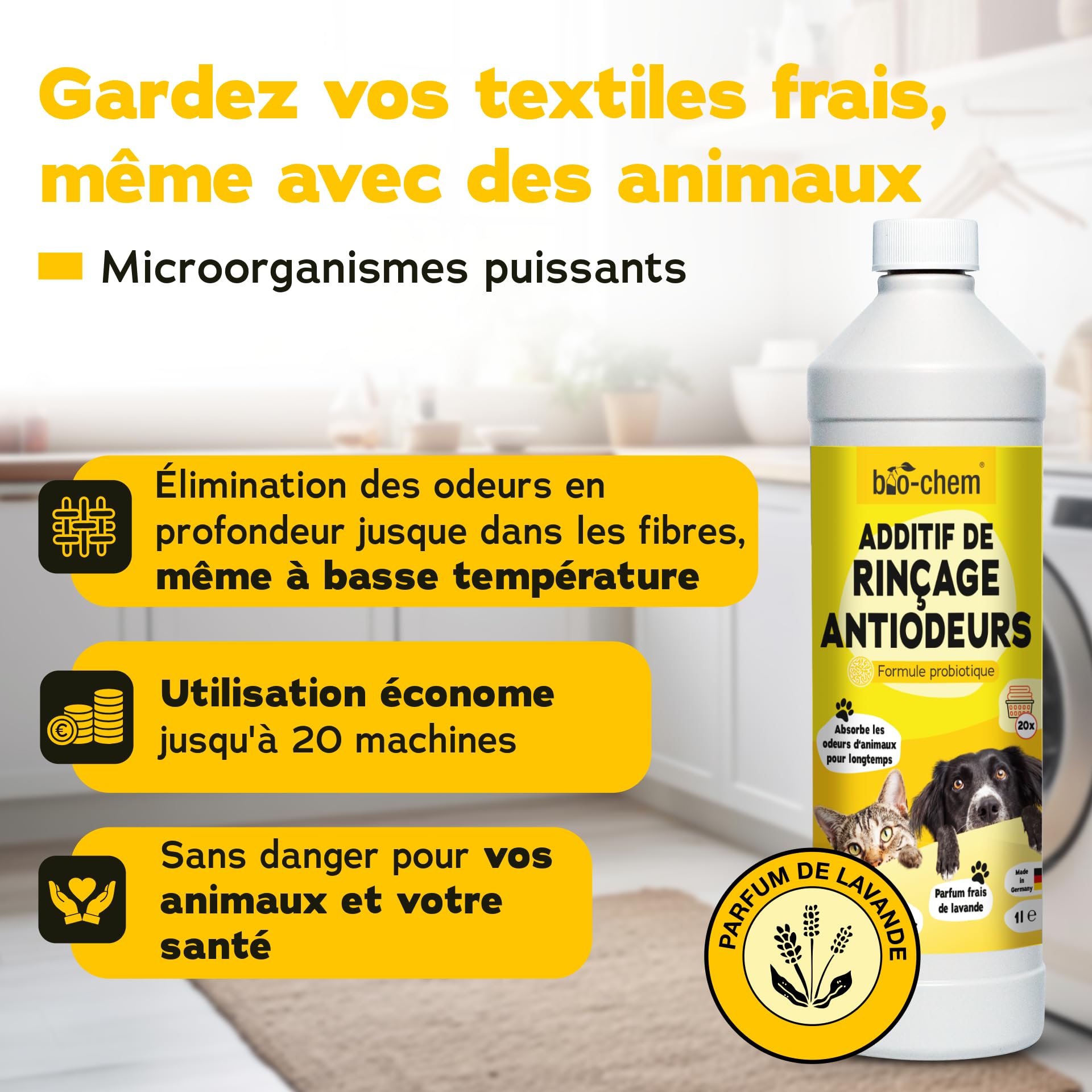 bio-chem Adoucissant anti-odeurs pour linge 3L | Assainit et rafraîchit les textiles - Additif de rincage compatible avec toutes les lessives et textiles