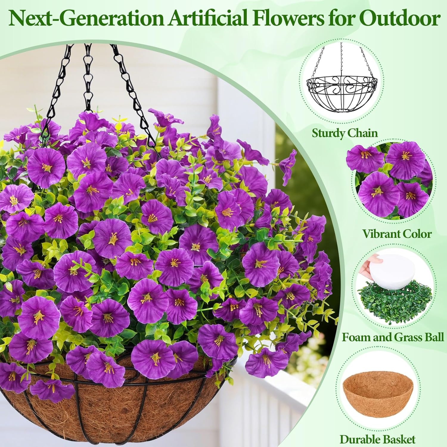 Yastouay Artificial Hanging Flowers for Outdoors, Fake Hanging Plants with Baskets, UV Resistant Hanging Flowers Fake Flowers for Outdoors Porch Patio Garden Spring Summer Decor(Purple)