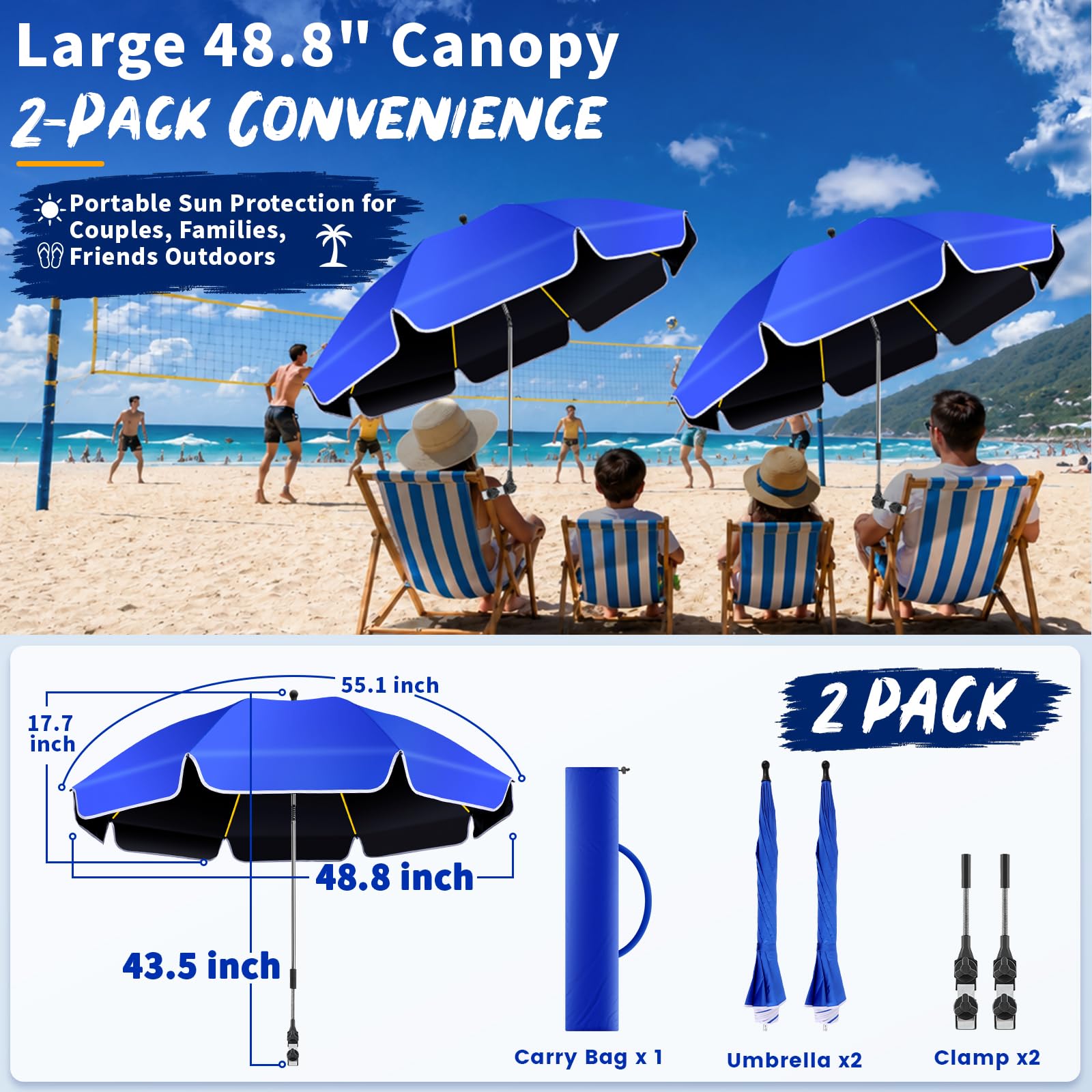 2er-Pack 124cm Strandstuhl Sonnenschirm mit Klemme, UPF50+ UV-Schutz, 360° drehbarer Clip-On Sonnenschutz, tragbarer Schirm für Strandstuhl, Camping, Golf, Kinderwagen,Rollstuhl