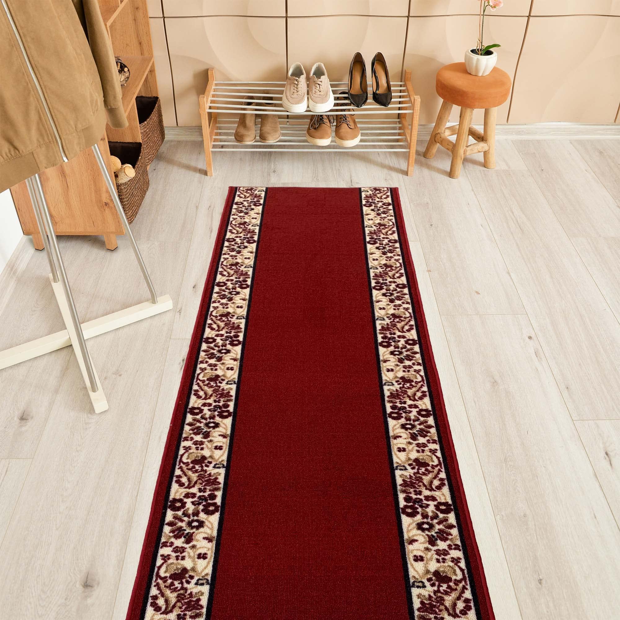Custom Size Flower Bordered Design Red Color Rubber Backed Non-Slip Hallway Stair Runner Rug Carpet 26 Inch Wide by Your Length 26in x 6ft