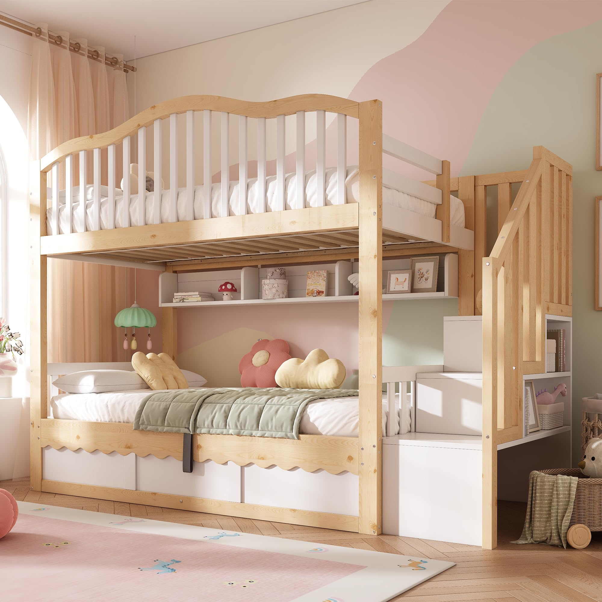 90 x 200 cm Litera para niños con espacio de almacenamiento hidráulico – Cama alta de madera con escalera de seguridad y estante, protección anticaídas, certificado EN 747-1:2024, blanco y roble