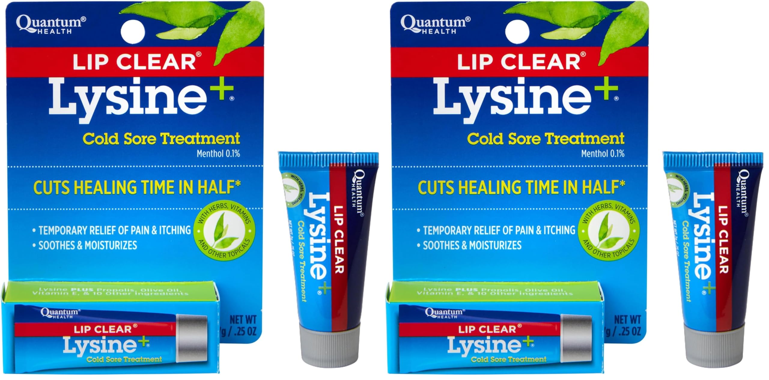 Quantum Health Lip Clear Lysine+ Cold Sore Treatment Soothe & Moisturize Mouth Sores - L-Lysine Menthol Calendula & Propolis Ointment - Transparent Fever Blister Healing Balm - 0.25 Oz (Pack of 2)