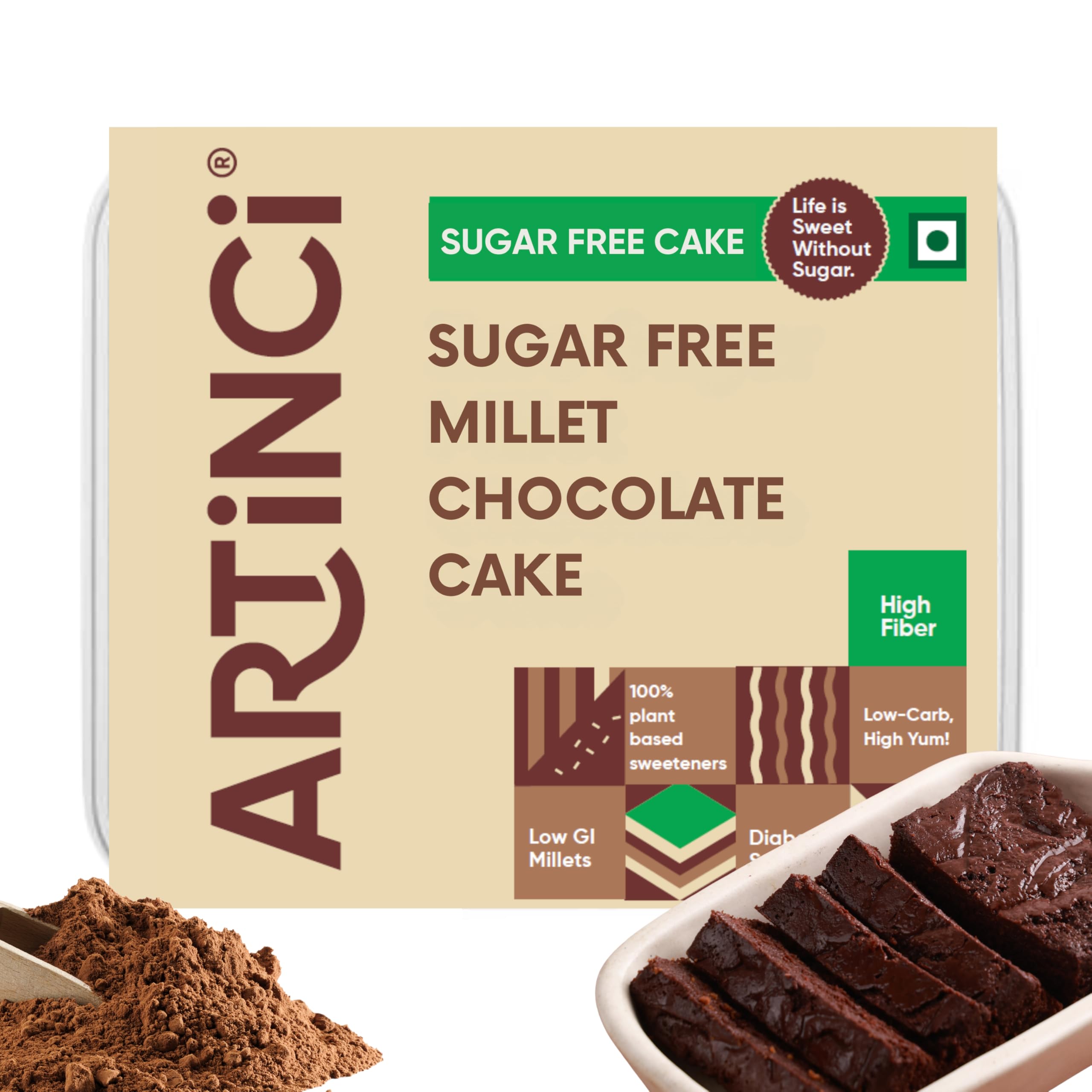 Artinci Eggless Sugar Free Chocolate Cake (150g)- Diabetic Friendly & High Protein, Healthy Low-Calorie Cake with Millets, Healthy snack for Weightloss, As seen on Shark Tank India (Pack of 1)