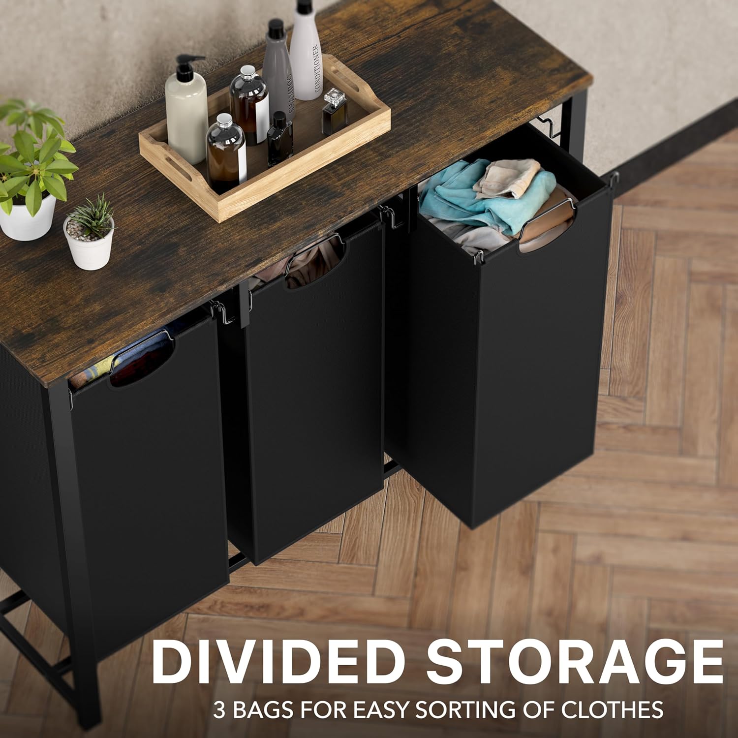 Simple Houseware 3-Section Laundry Sorter with Tabletop Shelf, 3 Pull-Out 10-Gallon Hampers, Metal Frame Laundry Organizer for Bedroom, Bathroom, Rustic Brown