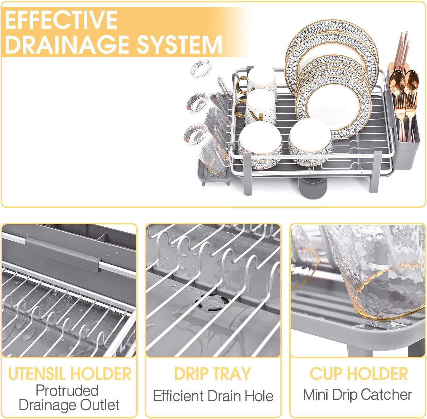 Aluminum Dish Rack, Sink Dish Drying Rack, Dish Drainer with Anti-Rust Frame, Unique 360° Swivel Spout Drainboard Design, Cutlery Holder, Removable Cup Holder for Kitchen Countertop, Grey -