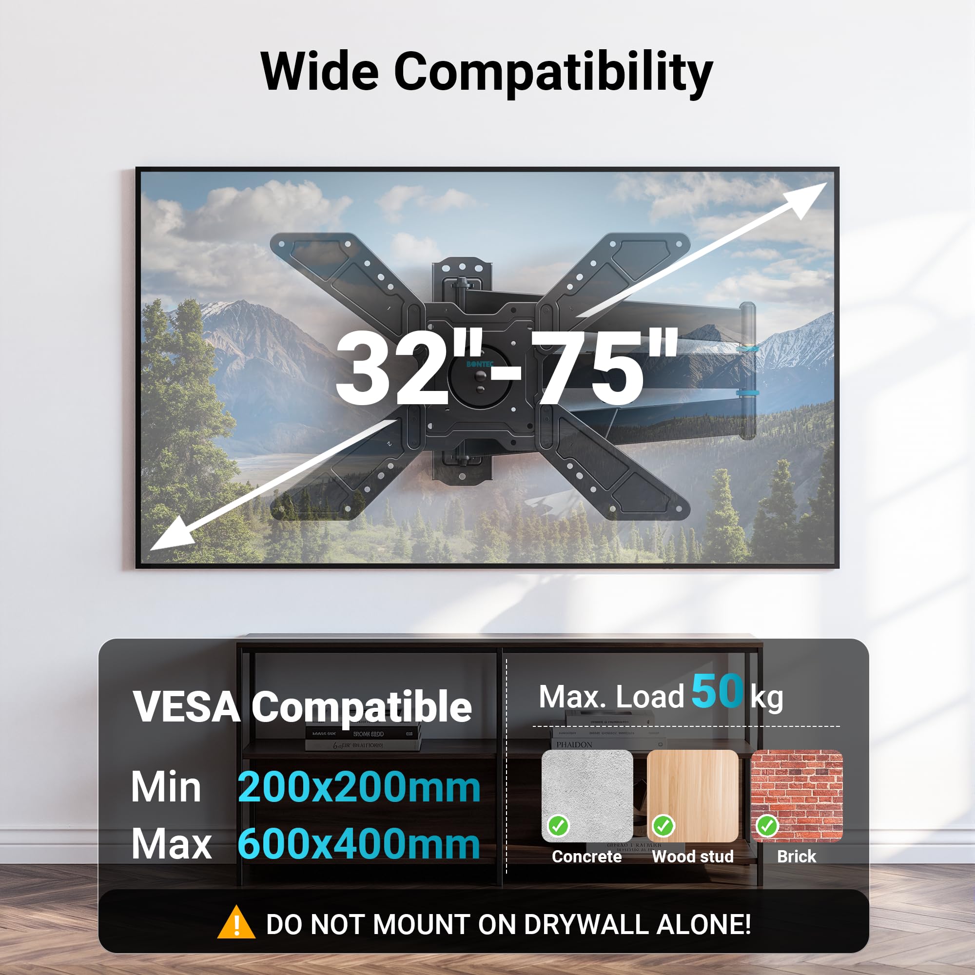 BONTEC Supporto TV da Parete per TV 32-75", Rotazione 90° e Braccio 838 mm | Portata 50 kg, VESA max 600x400 mm, staffa girevole e inclinabile, passa da orizzontale a verticale