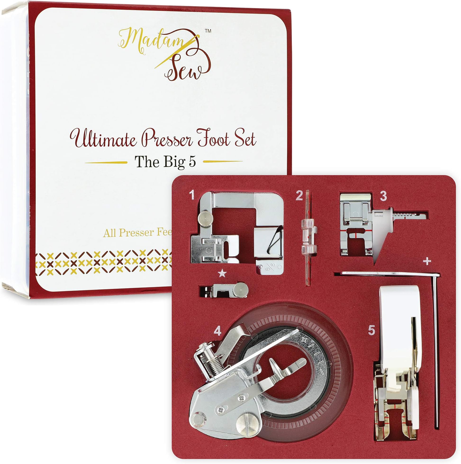 Madam Sew Big 5 Sewing Foot Attachments in Deluxe Case with Booklet & Low Shank Snap-On Adapter | Includes Walking Foot, Quilting Foot, Adjustable Guide, Flower Stitch Foot, & Rolled Hem Foot