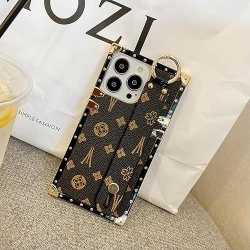 Miniatura 6 de TRODINO Funda cuadrada de cuero para iPhone 13 Pro con correa de pulsera, funda de teléfono de diseño de lujo para mujeres y niñas, soporte de mano,