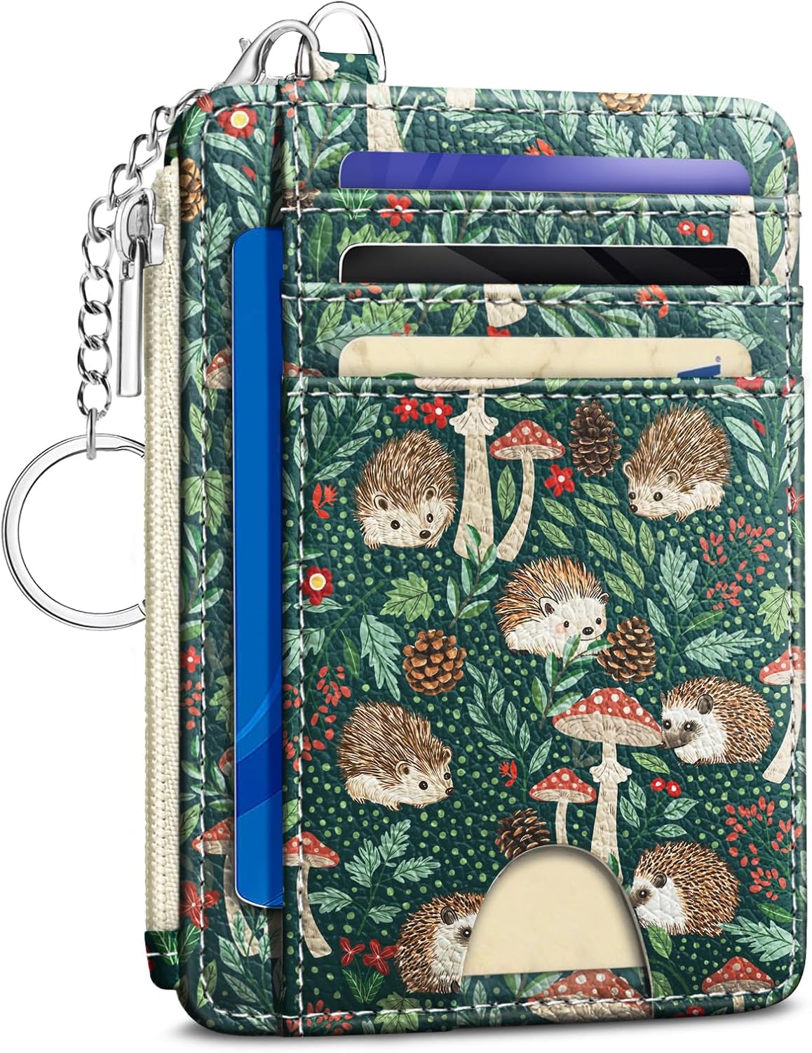 Cute Hedgehog Credit Card Holder Small Wallet Women, Mushrooms Slim RFID Blocking Wallet Woman Keychain with Zipper Coin Pocket, Front Pocket Thin Travel Card Case with ID Window Ladies Gifts