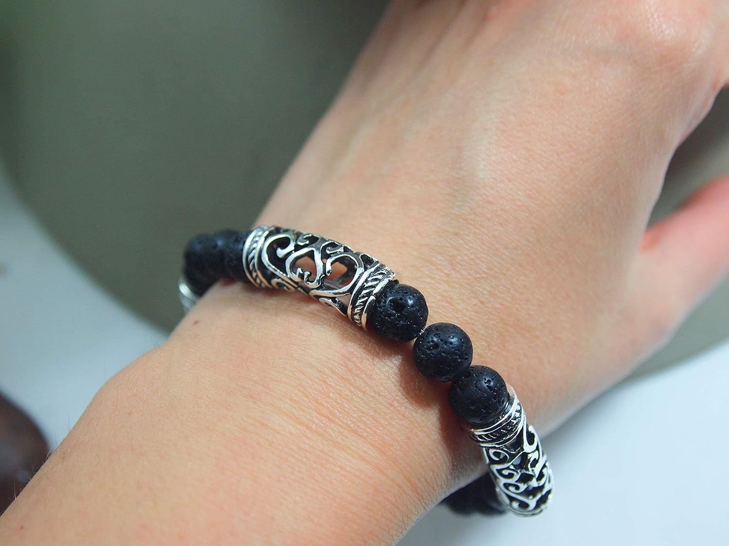 Beaded Bracelet - Sterling Silver Charm with Lava Rock - Pink Stone - Handmade Bangle - Cuff - Unisex - Adjustable - Stretchy - Essential Oil Diffuser - Aromatherapy - Aroma Jewelry - Everyday - Gifts for Men - Womens Gift(Dyed Lava Rock+Sterling Silver)