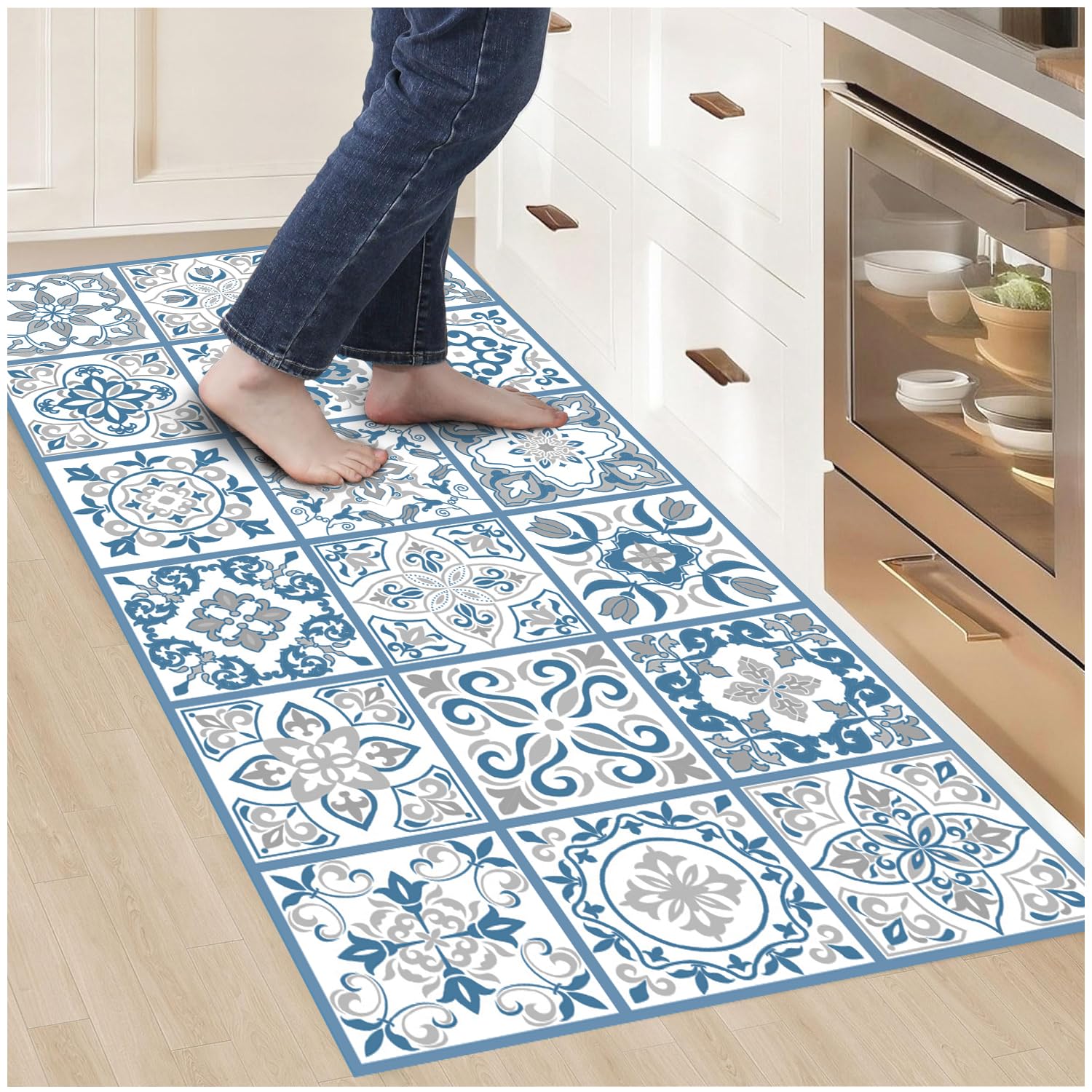 Tappeto Vinile - (240x60 cm blu grigio) - Tappeto cucina, Tappeto Passatoia Cucina Antimacchia, tappeti cucina - Tappeto Antiscivolo Lavabile