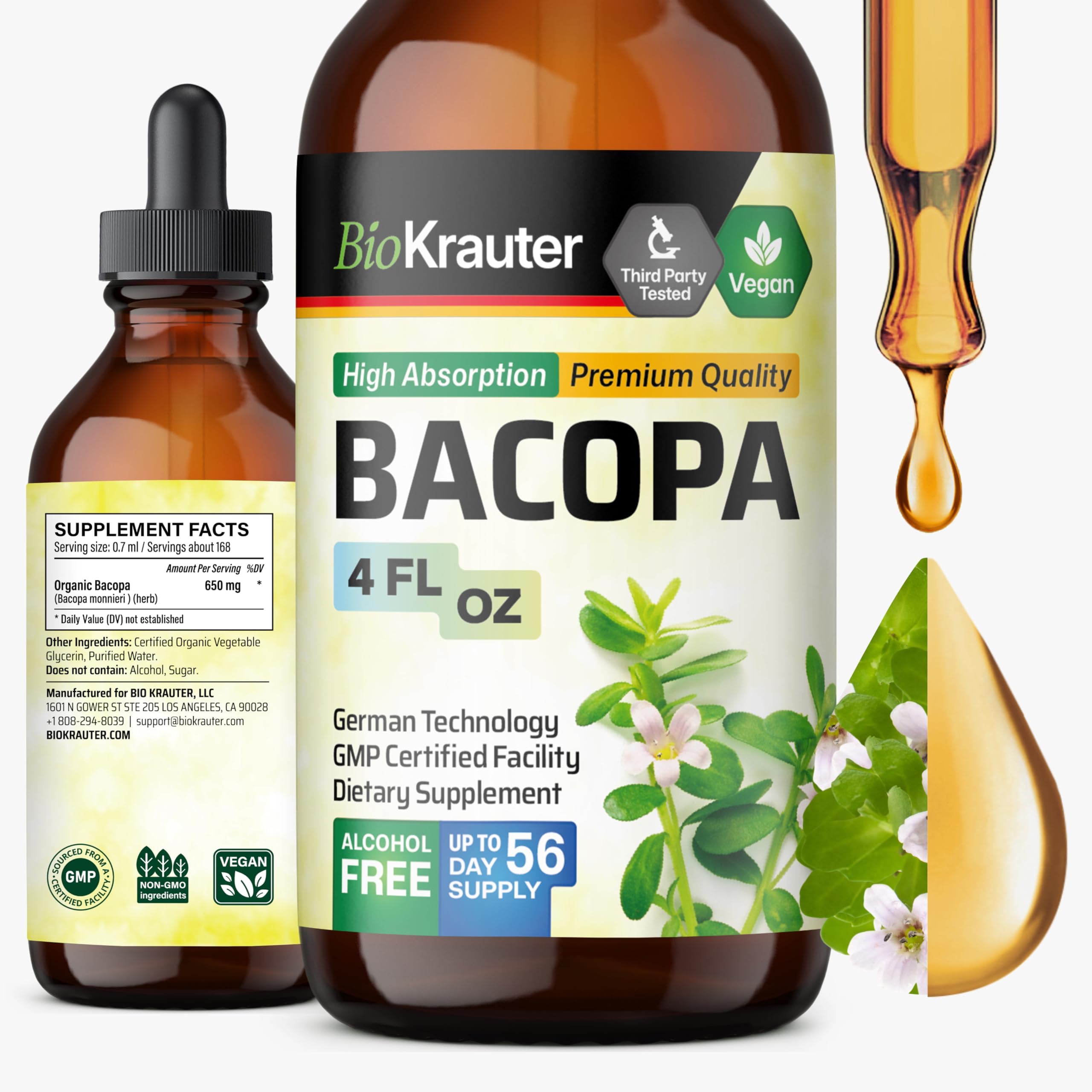 Bacopa Monnieri - Liquid Drops Bacopa Extract (Brahmi Powder) 650 mg per Serving 4 Fl.Oz 56-Day Supply - Pure Vegan Brain Supplement, Supports Calm, Focus & Memory - Alcohol & Sugar Free