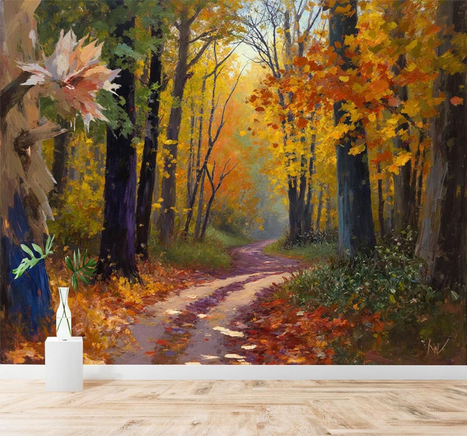 Xlming 400Cm×280Cm(B×H) Autumn Forest Path Colourful Trees Falling Leaves 3D Wallpaper Premium Textured Silk Study Dining Living Room Bedroom Sofa Tv Wall Easy Install-400Cm×280Cm
