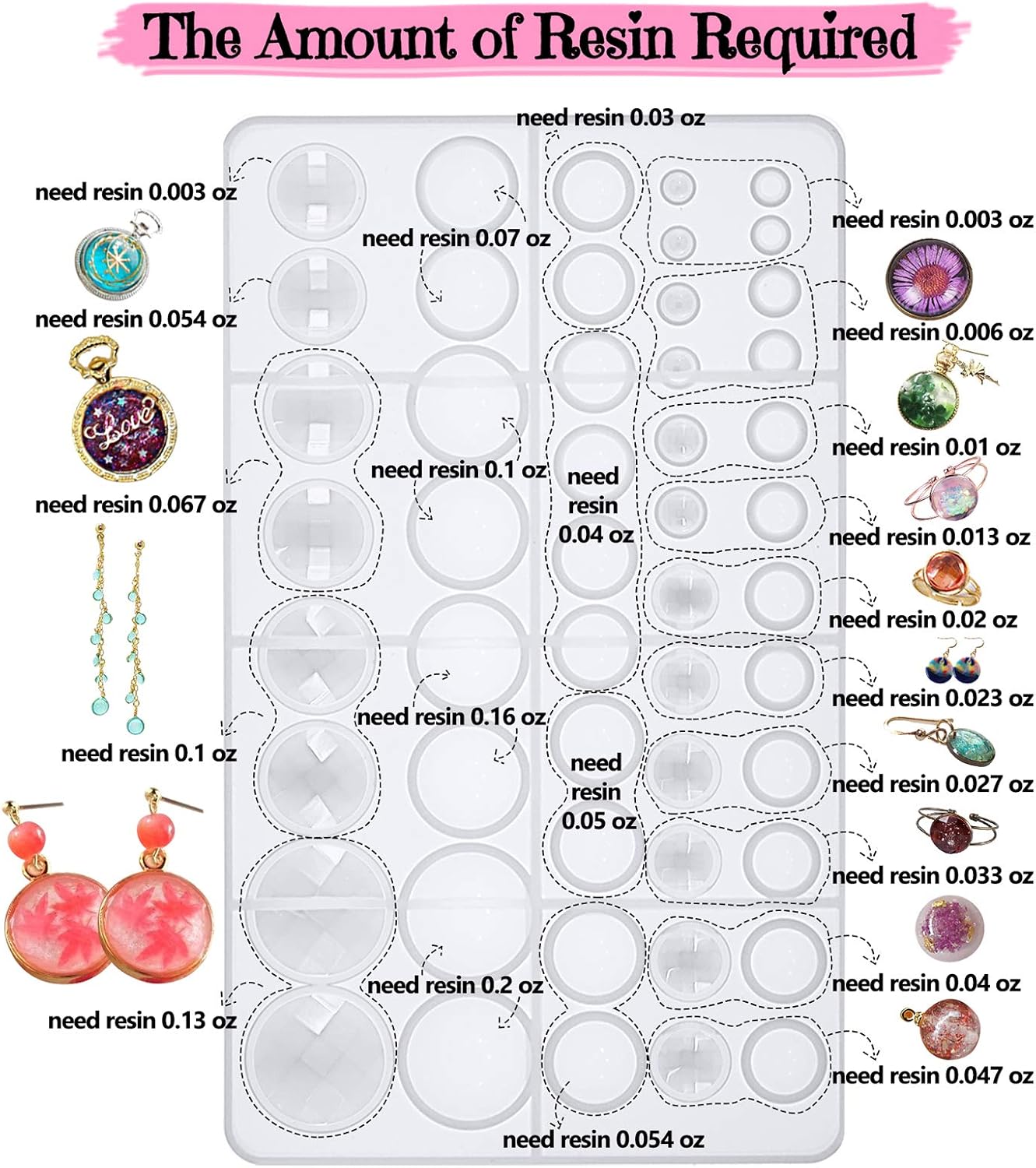 FUNSHOWCASE Resin Silicone Cabochons Mold Jewelry Casting Set of Round Diamond Trays, Film, Chain Earrings and Bracelet Bezels, Necklace, Findings 288-Kit