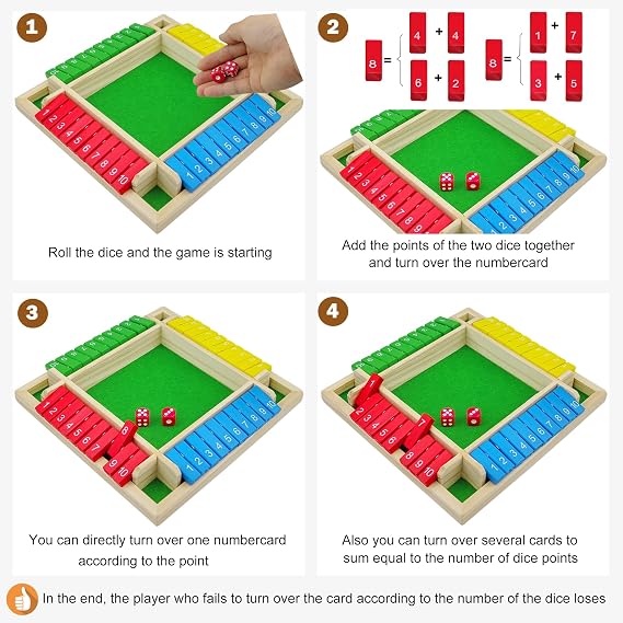 Shut the Box Game for 4 Players, Wooden Table Game Family Travel Game