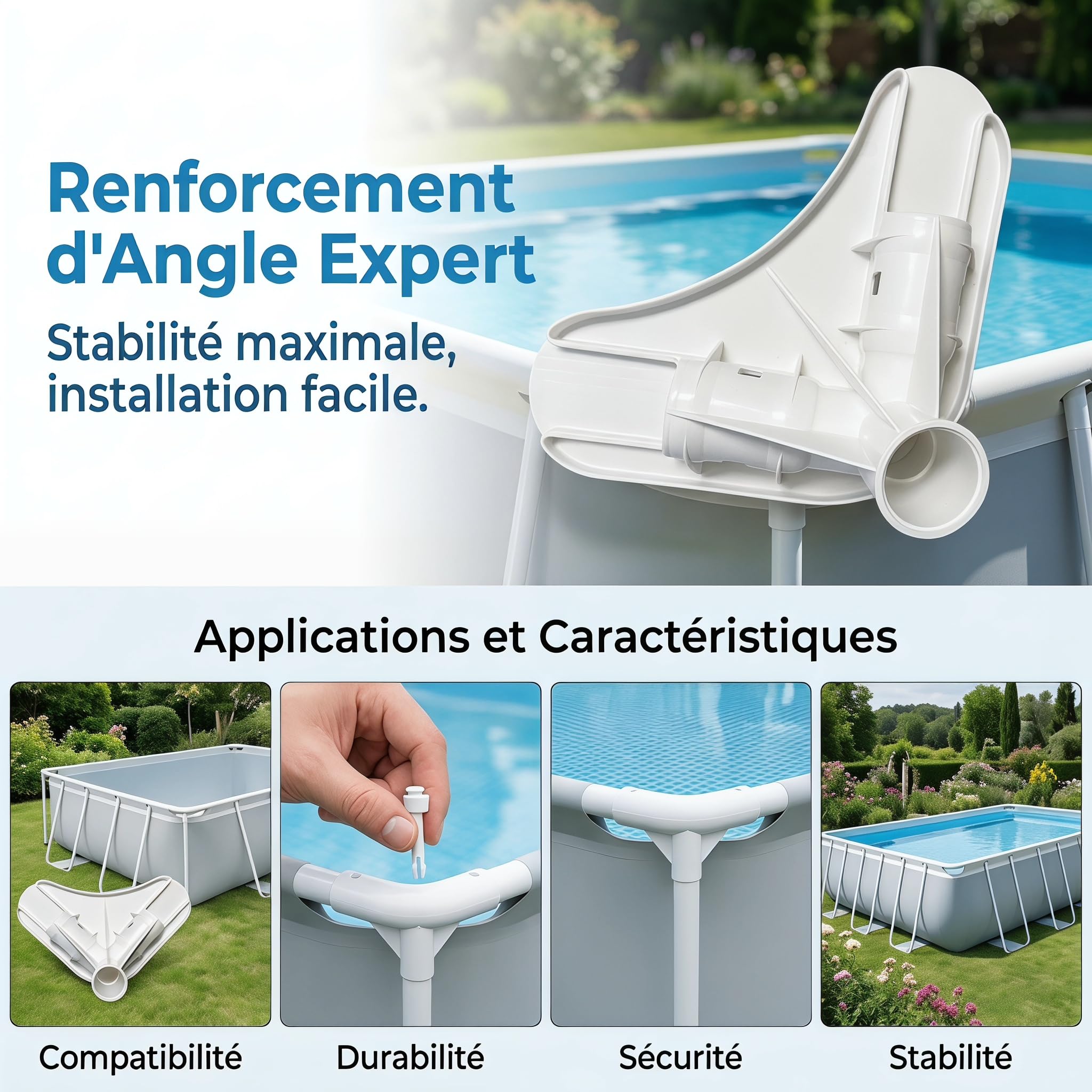 Milageto Piscoir du Support de Pièce de Remplacement,Connecteur d'angle du Cadre de Piscine, Adaptateur Facile à Installer, Support du Cadre de Piscine, Matériel de Joint d'angle avec 10 Clous