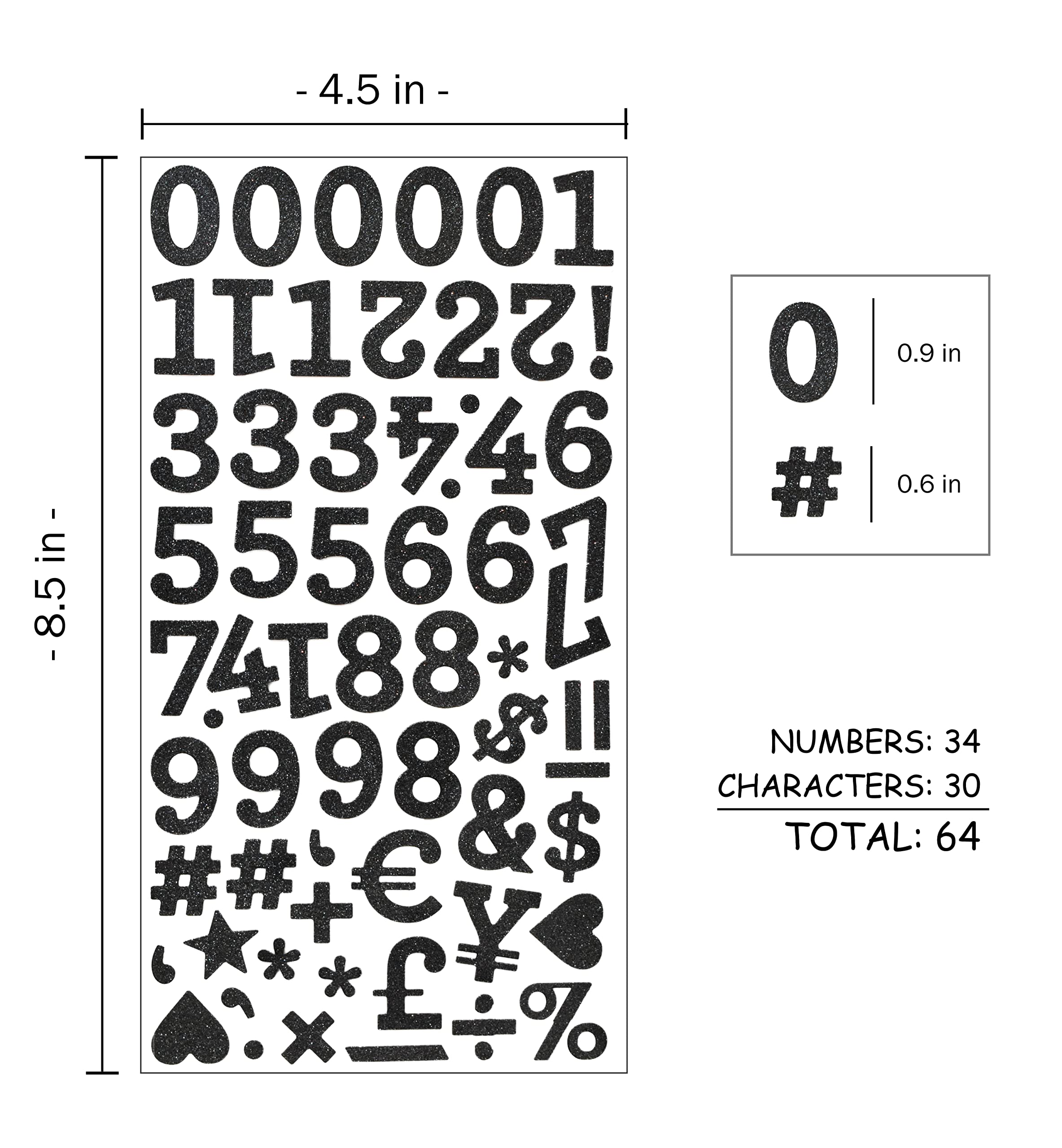 Black Glitter Number Stickers - 3 Sheets Of Sparkly Digits & Characters For Crafts & Decor