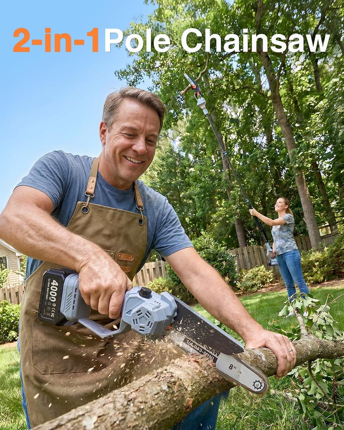 TaskStar 2-in-1 Pole Saw for Tree Trimming, 8-Inch Cordless Brushless Chainsaw with Adjustable Extension Pole, 2×4.0Ah Rechargeable Batteries & Charger, Auto Oiling, 15 Ft Max Reach Gray+orange