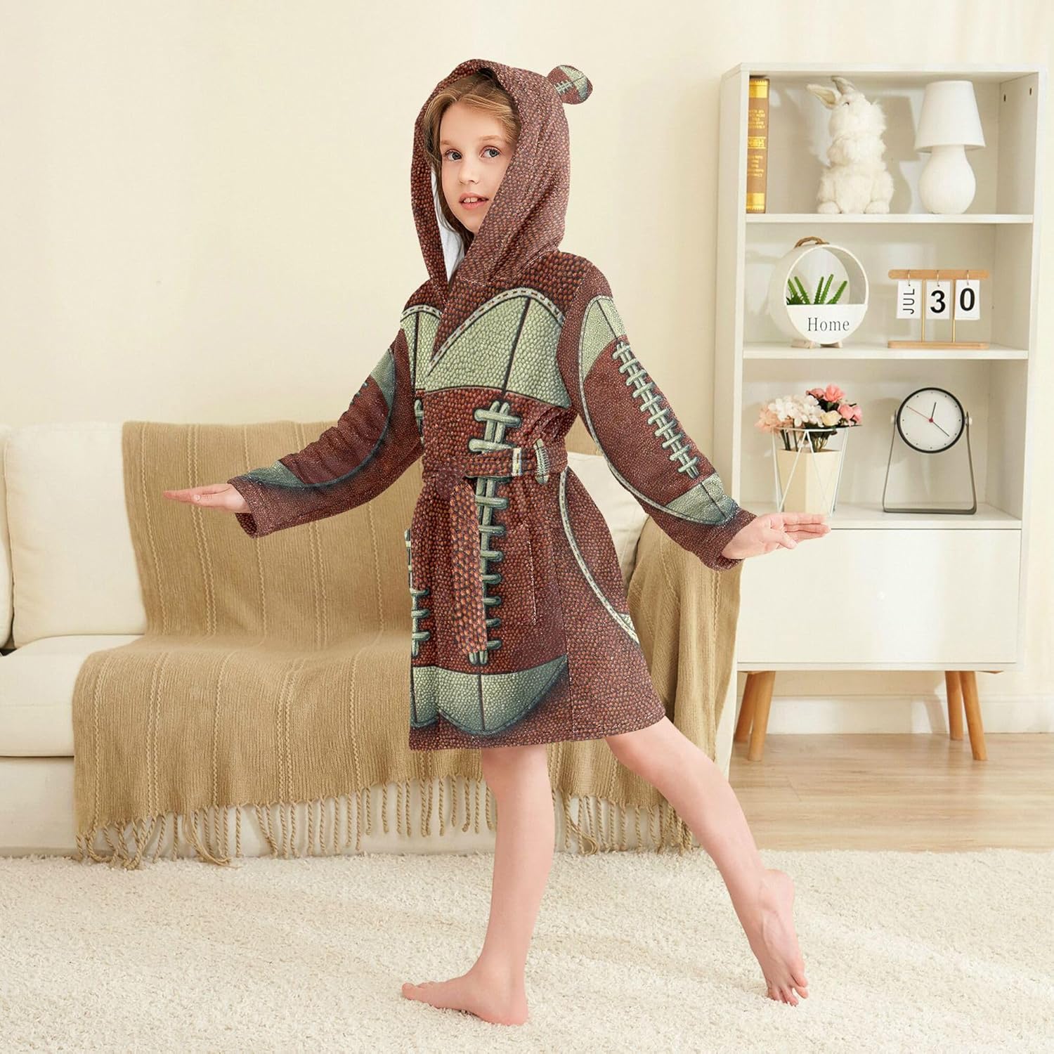 Funny Graphic America Football Bathrobe Hooded PJ Robe Soft Fleece Robe Pajama Sleepwears 2-12 Years