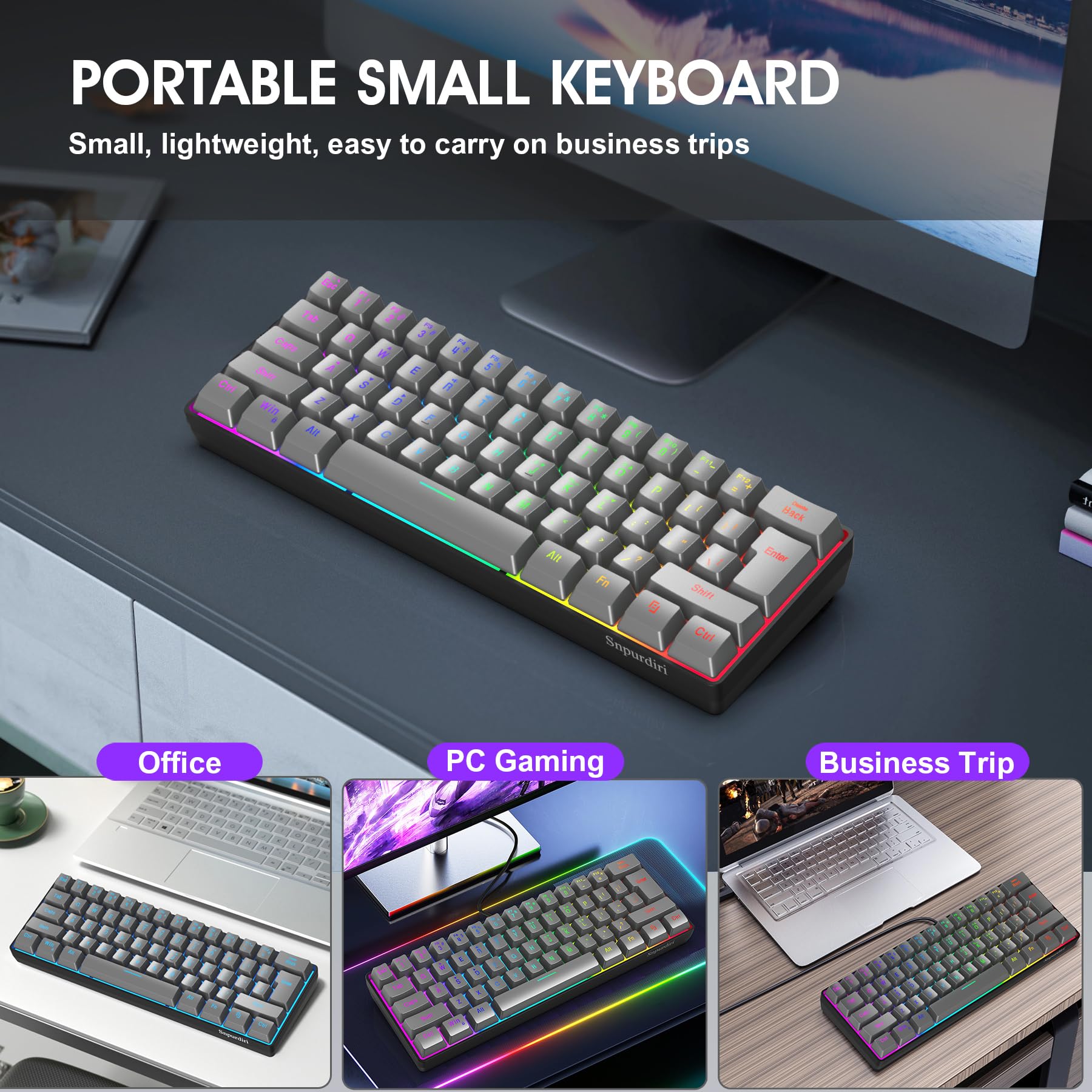 Snpurdiri 60% Wired Gaming Keyboard, RGB Ultra-Compact 61 Keys (Iron Grey) view 8