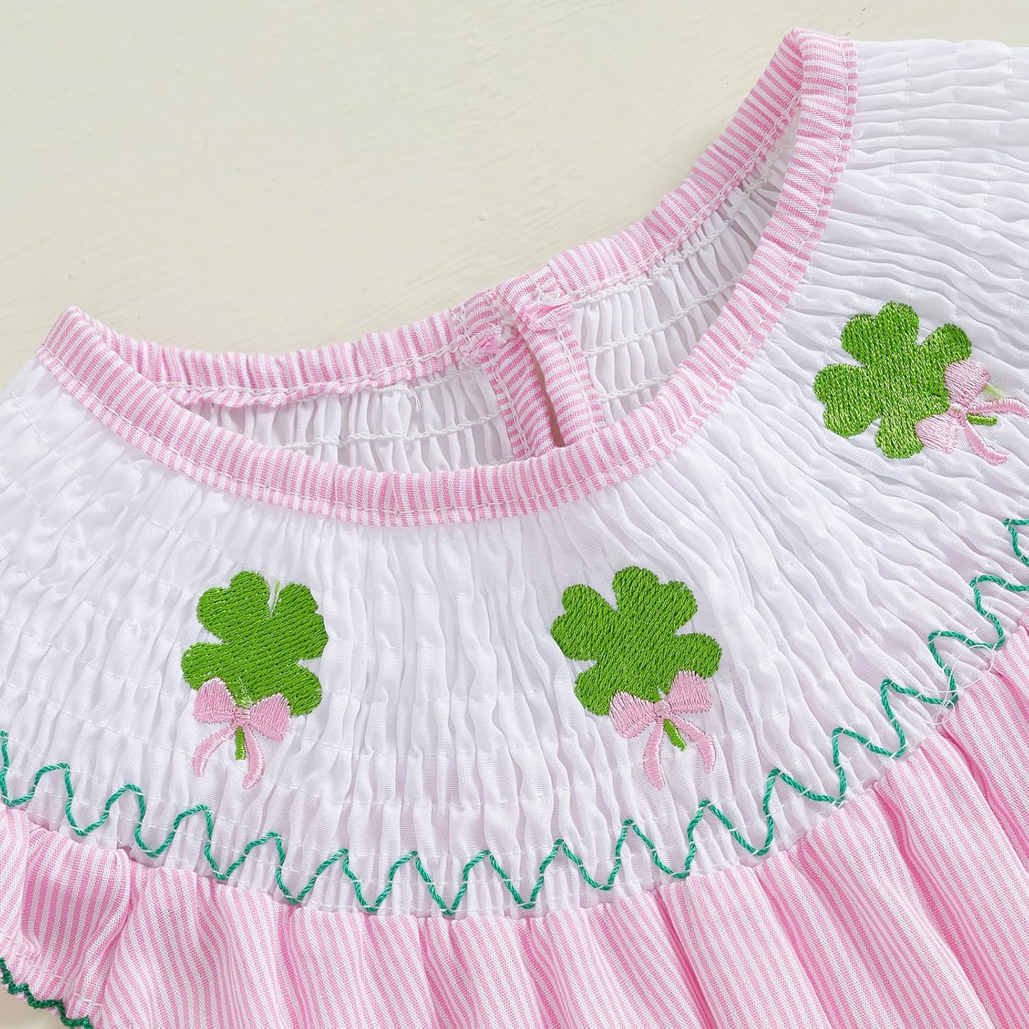 Toddler Girl St Patricks Day Dress - Clover Embroidery With Ruffle Sleeves