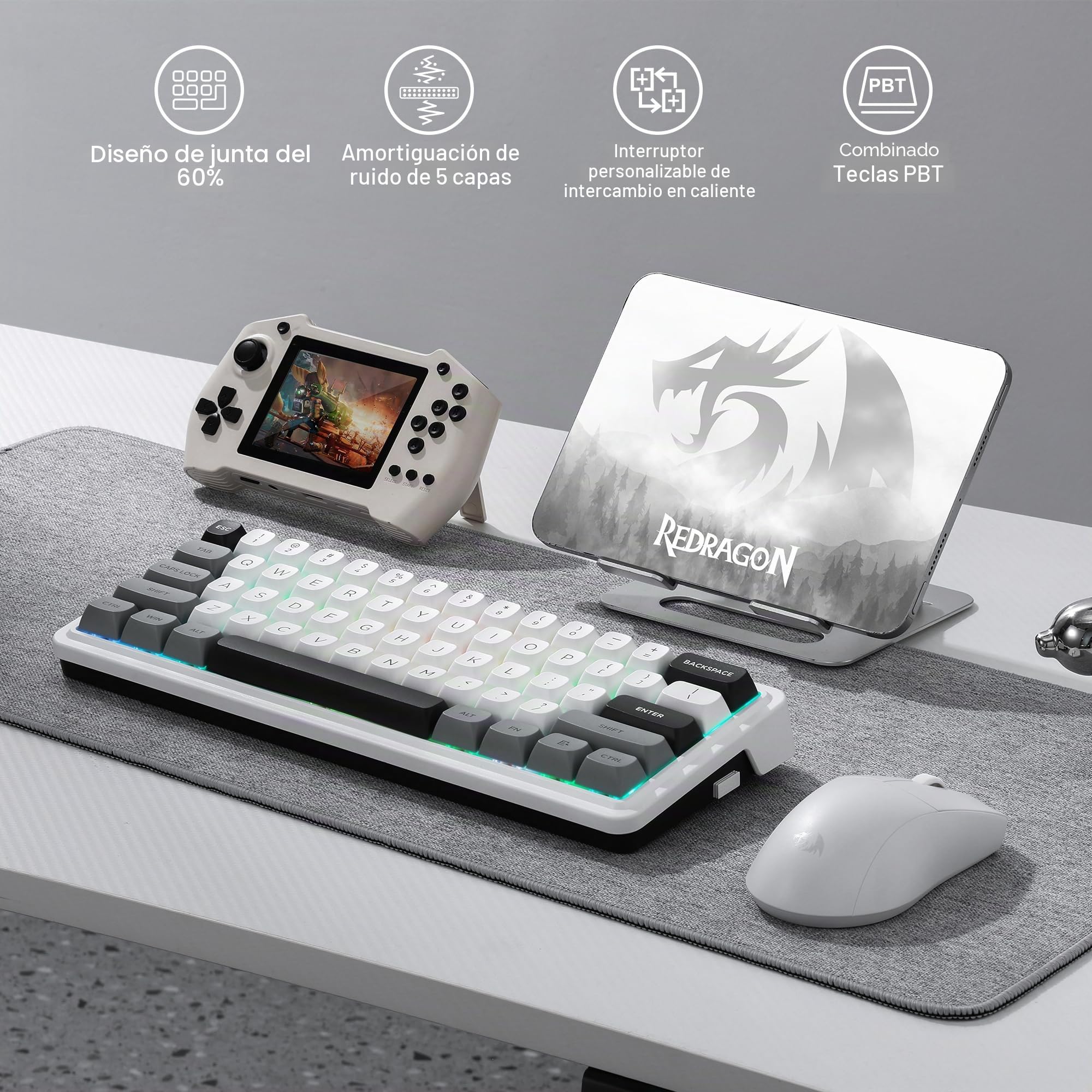 Redragon K722 Pro Teclado Gaming RGB Gasket 60% Inalámbrico Hot Swap | Base Free-Mod Compacto Mecánico 5 Capas Amortiguación Ruido Tapas Teclas Redondas PBT US Layout