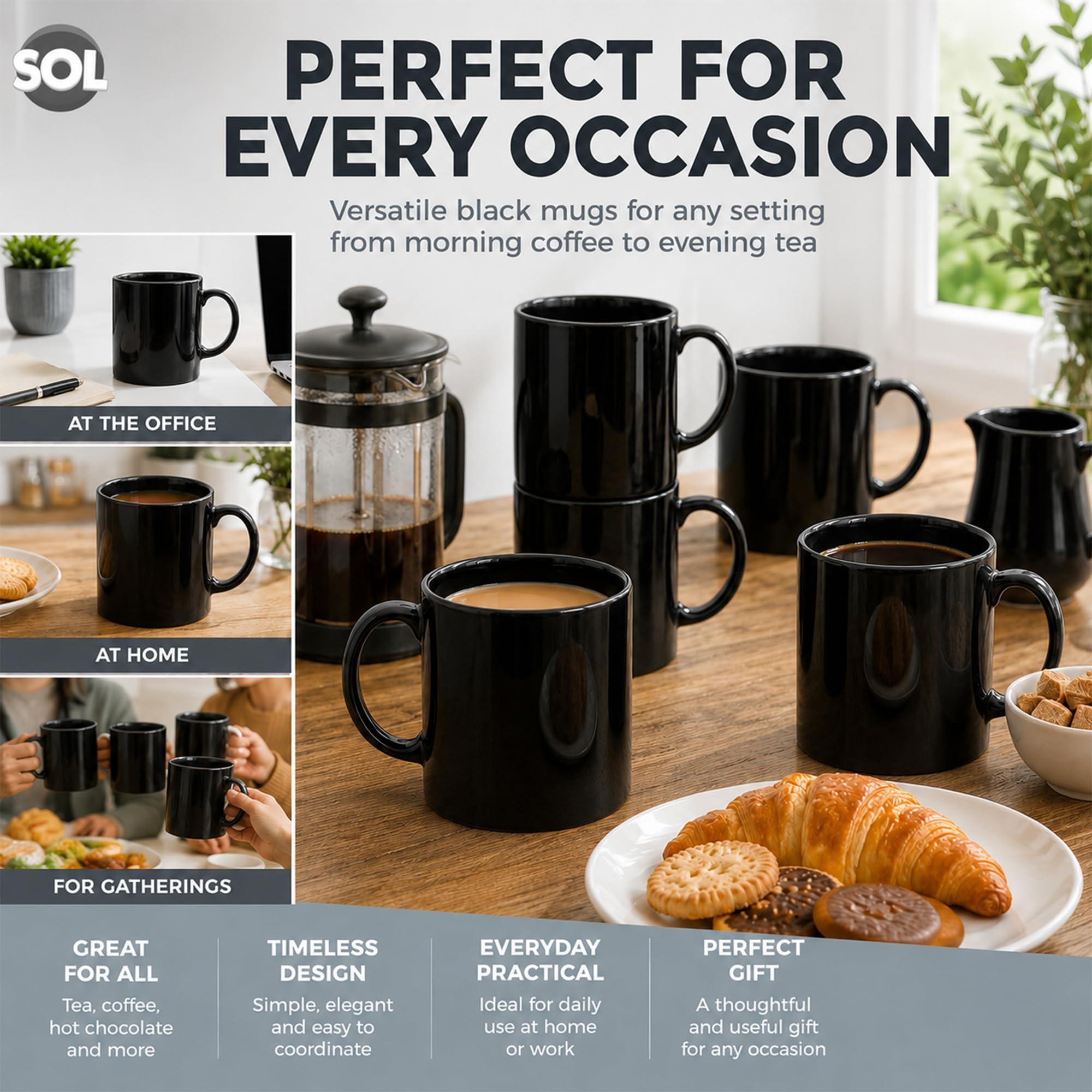 SOL Juego de 12 tazas de cerámica negras de 11 onzas para té y café, juego de vasos duraderos para el hogar, oficina, cafetería, restaurante, diseño apilable, apto para microondas y lavavajillas, apto