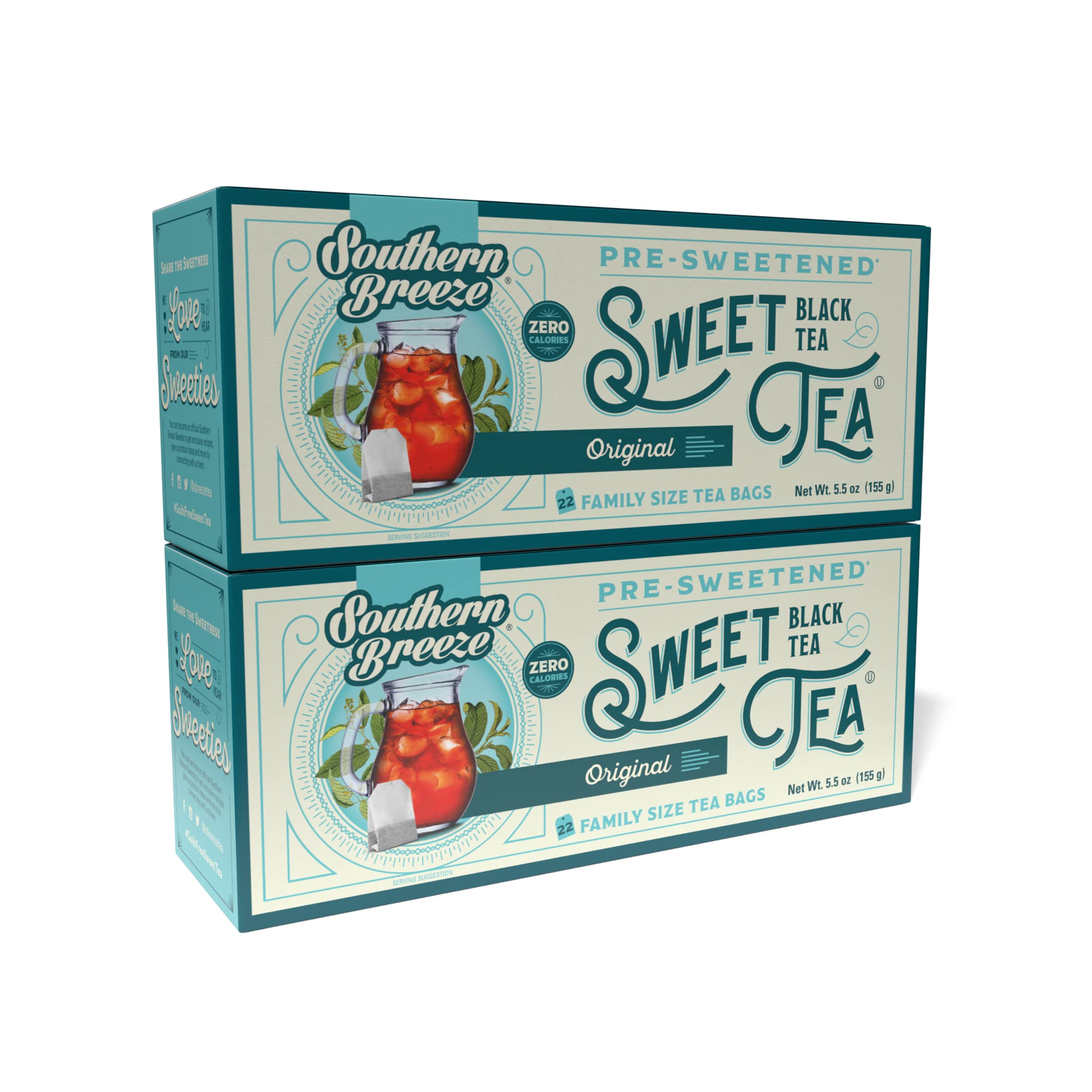 Southern BreezeHot Brew Sweet Tea Original Iced Tea with Black Tea and Zero Carbs Zero Sugar, 22 Individually Wrapped Family Size Tea Bags, Pack of 2