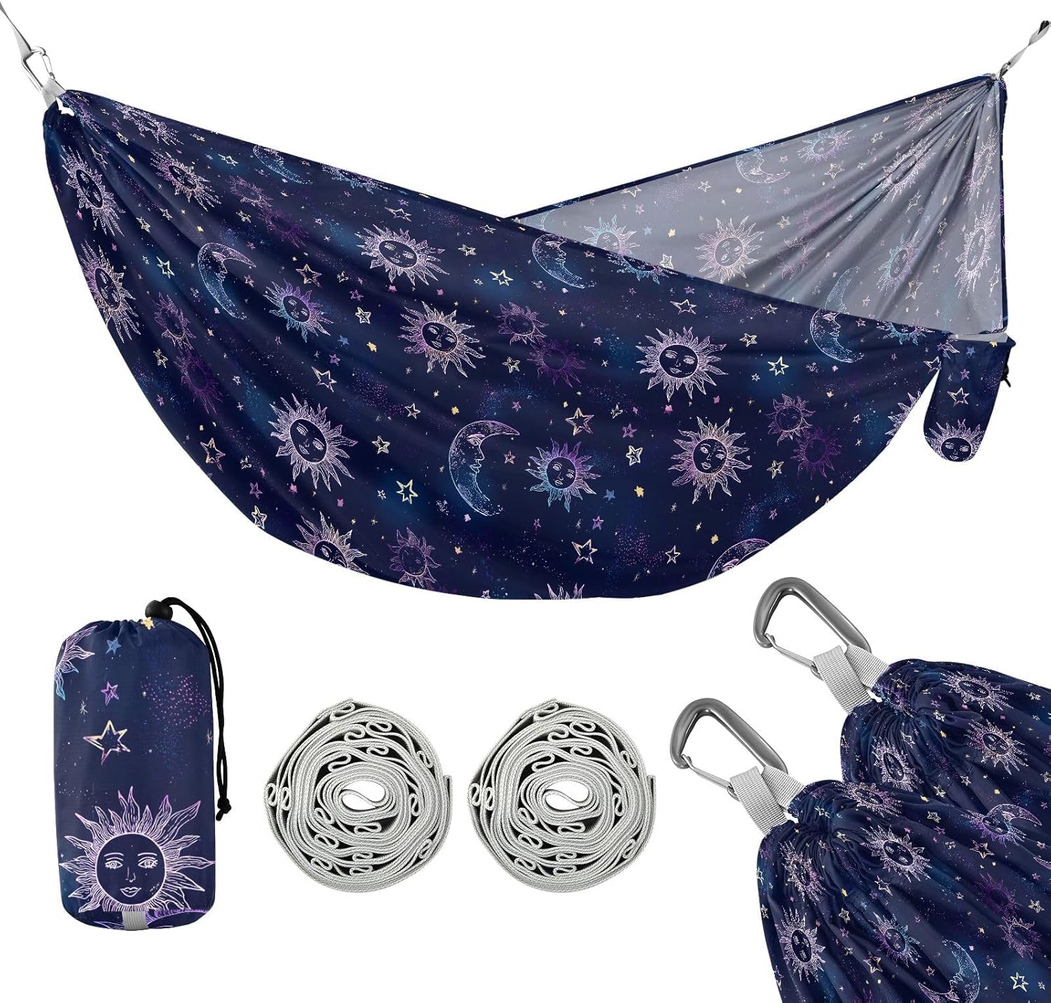 ALAZA Mystic Sun Moon Stars Camping Hammocks Single or 2 Person 500 lbs Portable Parachute Travel Hammock w/Tree Straps for Hiking Backpacking Indoor Outdoor