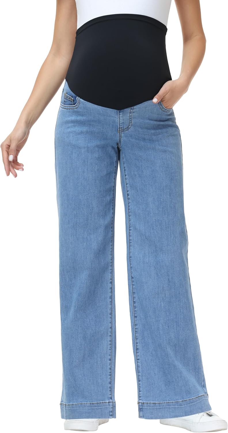 Foucome Women's Maternity Jeans Wide Leg Trendy Comfy Stretchy Straight Leg Pregnancy Denim Pants - Image 4