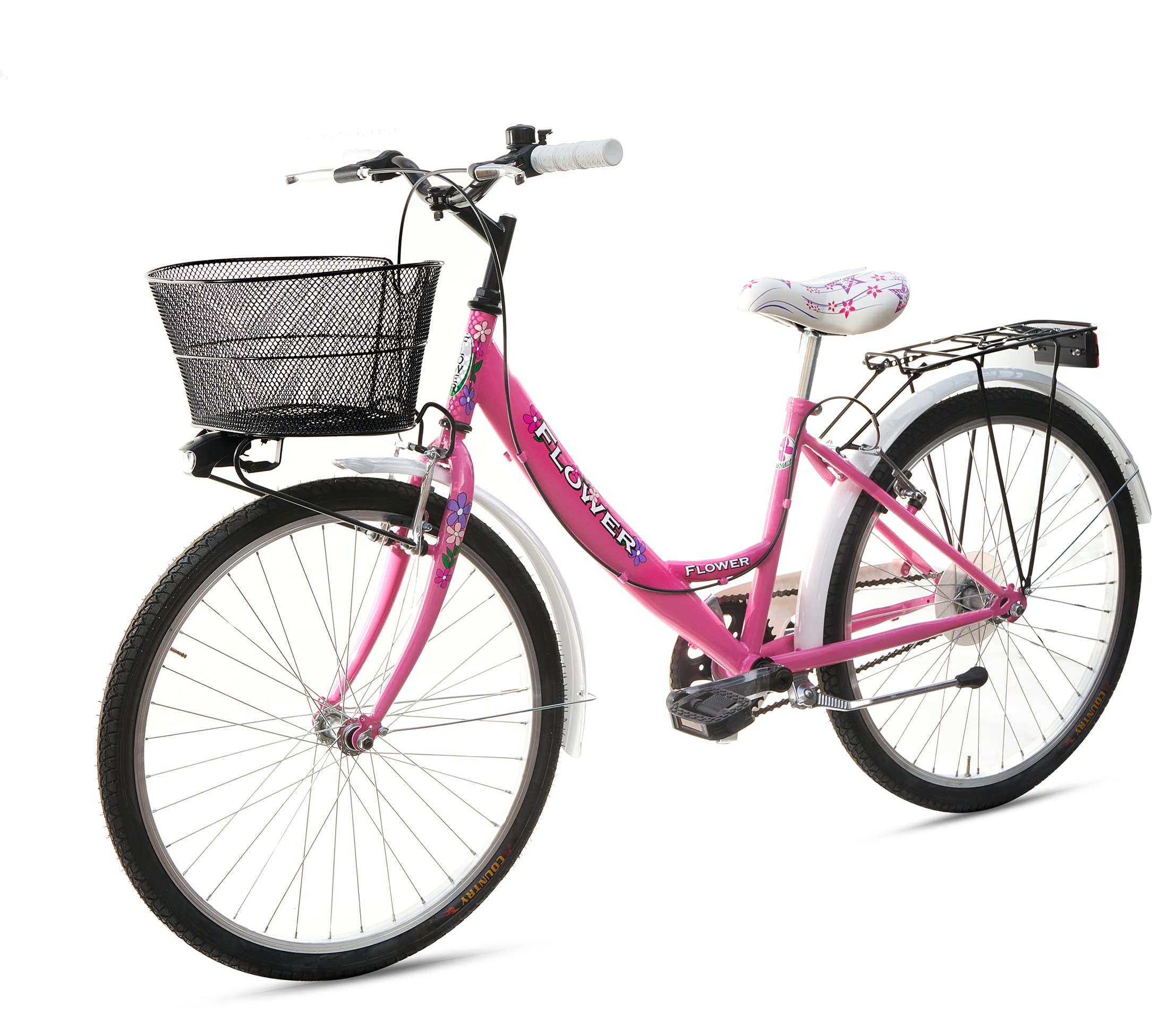 MADICKS Bicicletta Bambina Ragazza da Passeggio Misura 24 Bici con Cestino Floreale Rosa Bianca