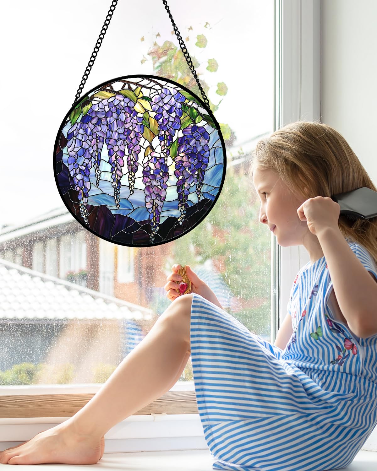 Stained Glass Window Hanging Wisteria Suncatcher Gifts for Women 12"