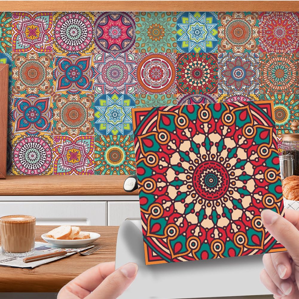 LMYSXAOZ 24 PCS Tile Stickers Stick on Tiles, Self Adhesive Wall Tiles for Kitchen Bathroom, Oil Proof Peel and DIY Floor Mandala (20x20cm,Mandala 1)