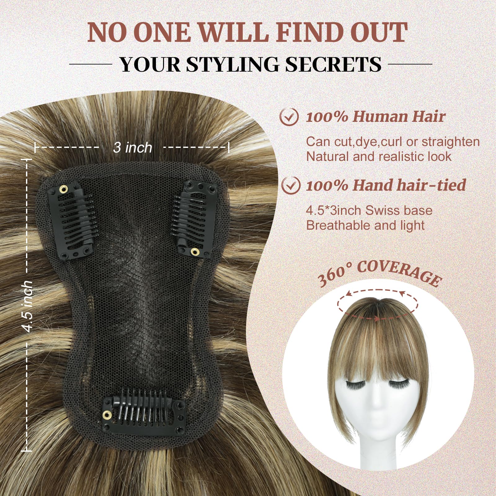 HOLFWALF Human Hair Toppers for Women with Bangs, 4.5 x 3-Inch Swiss Base