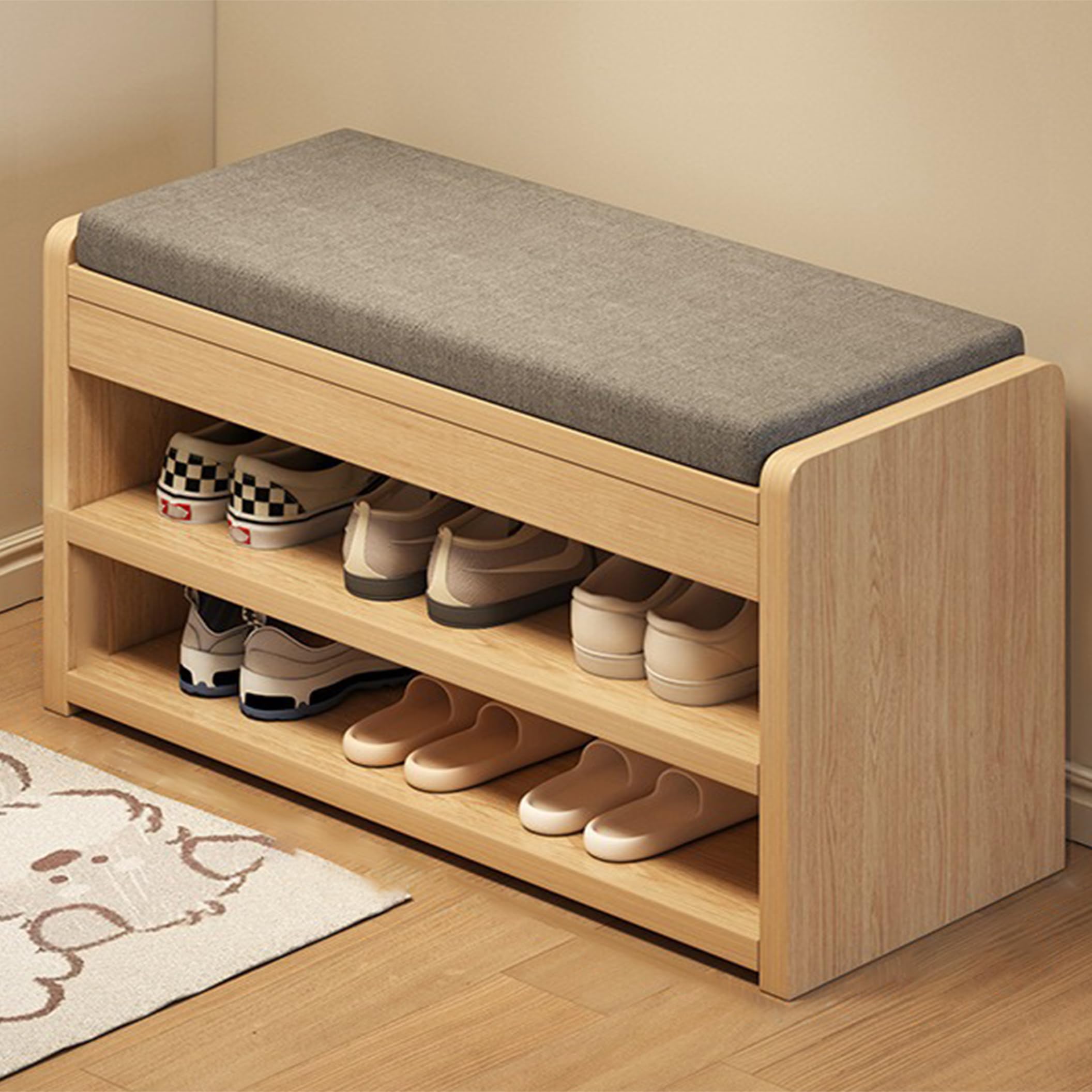 2-StöCkige Eingangsbank Aus Holz Mit Stauraum Mid-Century Modern Schuhbankregal Mit Baumwoll-Leinen-Kissen Platzsparender Aufbewahrungsbank FüR Flur Wohnzimmer,Natural,80 * 24 * 43cm