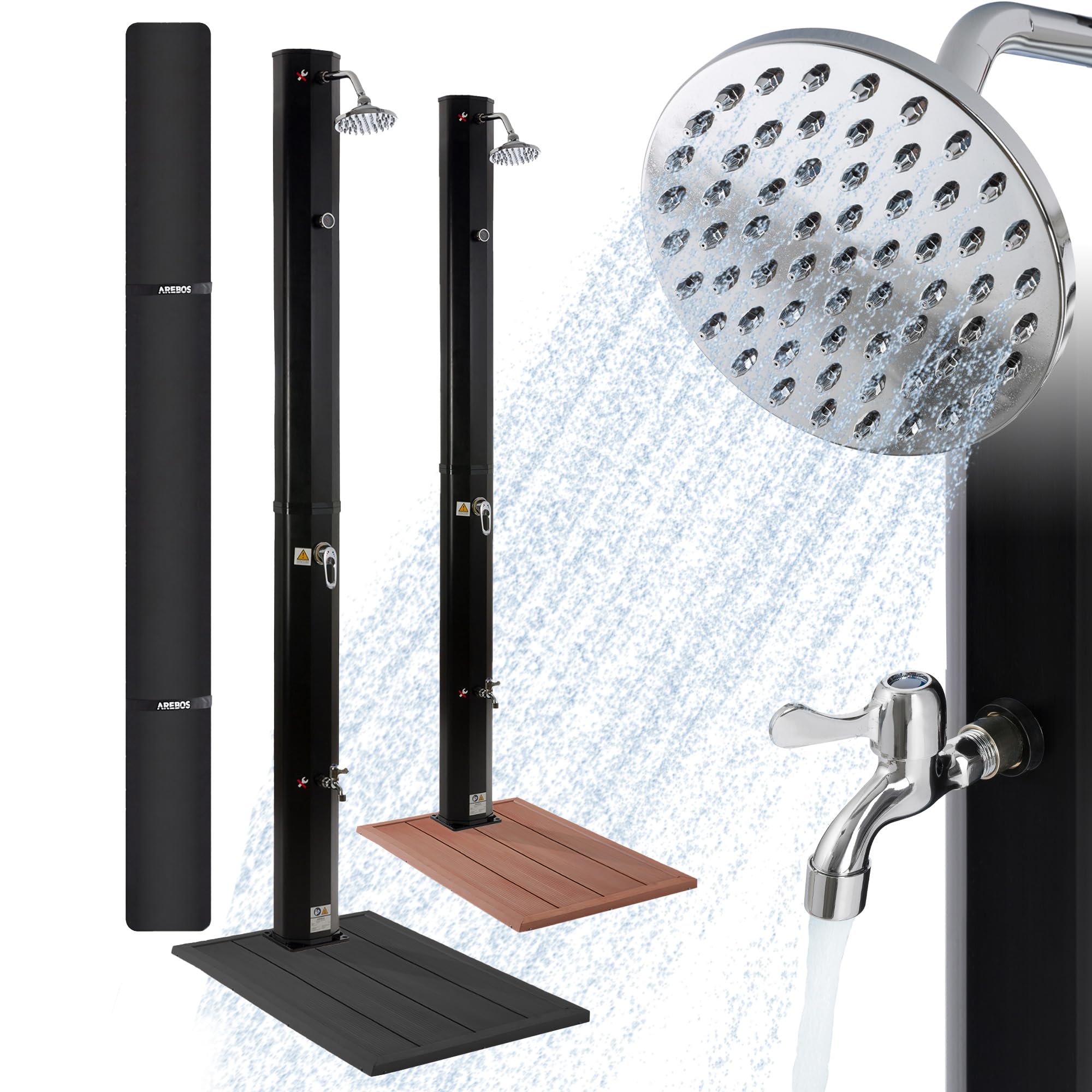 Arebos Solardusche 35L & Bodenelement Anthrazit | inklusive Abdeckhaube | mit integriertem Thermometer & Fußdusche | mit Gartenschlauch-Anschluss | Wassertemperatur bis 60°C | Schwarz