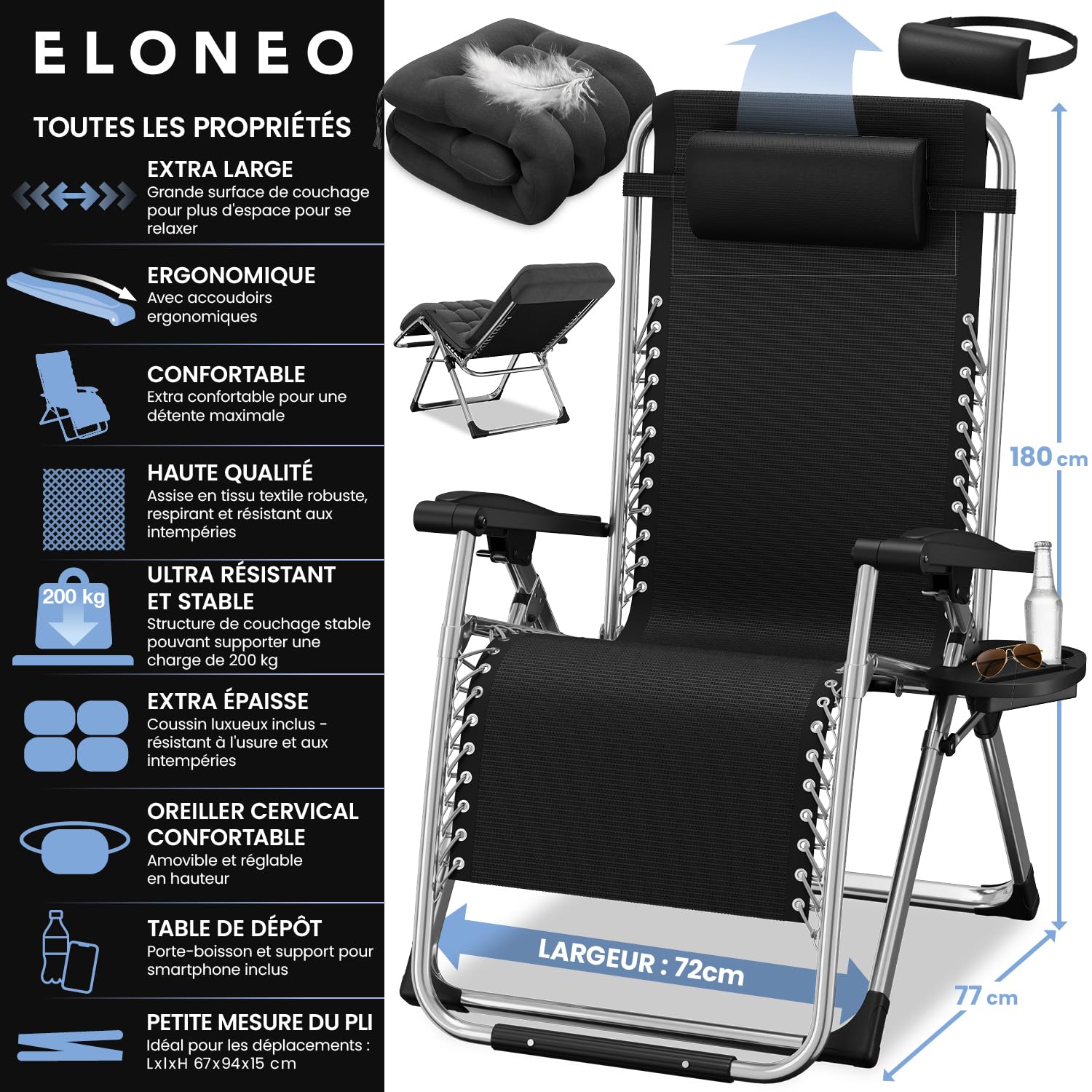 ELONEO Chaise longue pliante avec coussin premium, transat de jardin résistant aux intempéries, capacité de charge 200 kg, fauteuil de jardin avec dossier réglable, coussin appui-tête et porte-gobelet