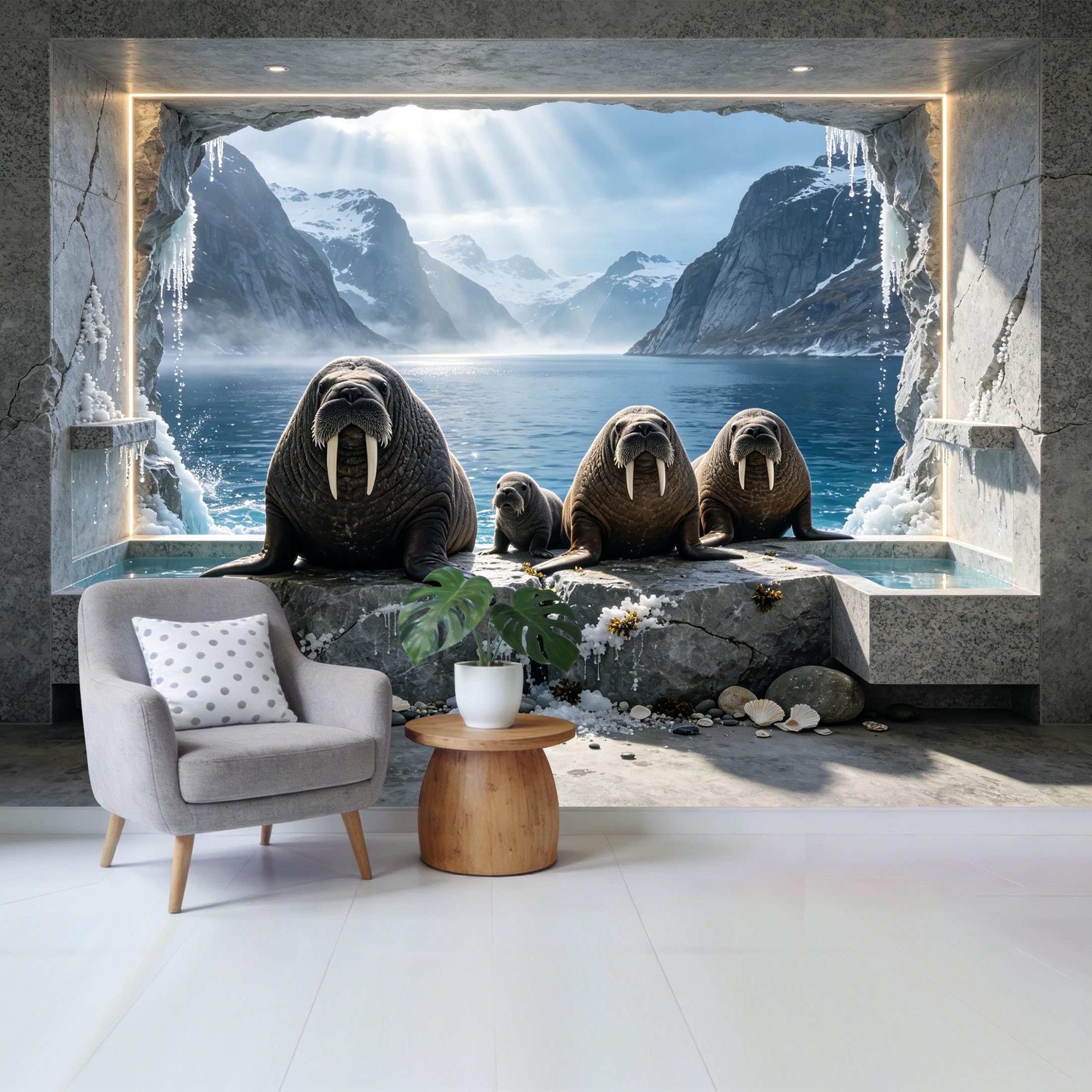 Custom Size Wall Mural Arctic Walrus Family Ocean Landscape 3D Trompe L'Oeil Removable Self Adhesive Fabric Home Wall Decor for Living Room Bedroom Bathroom