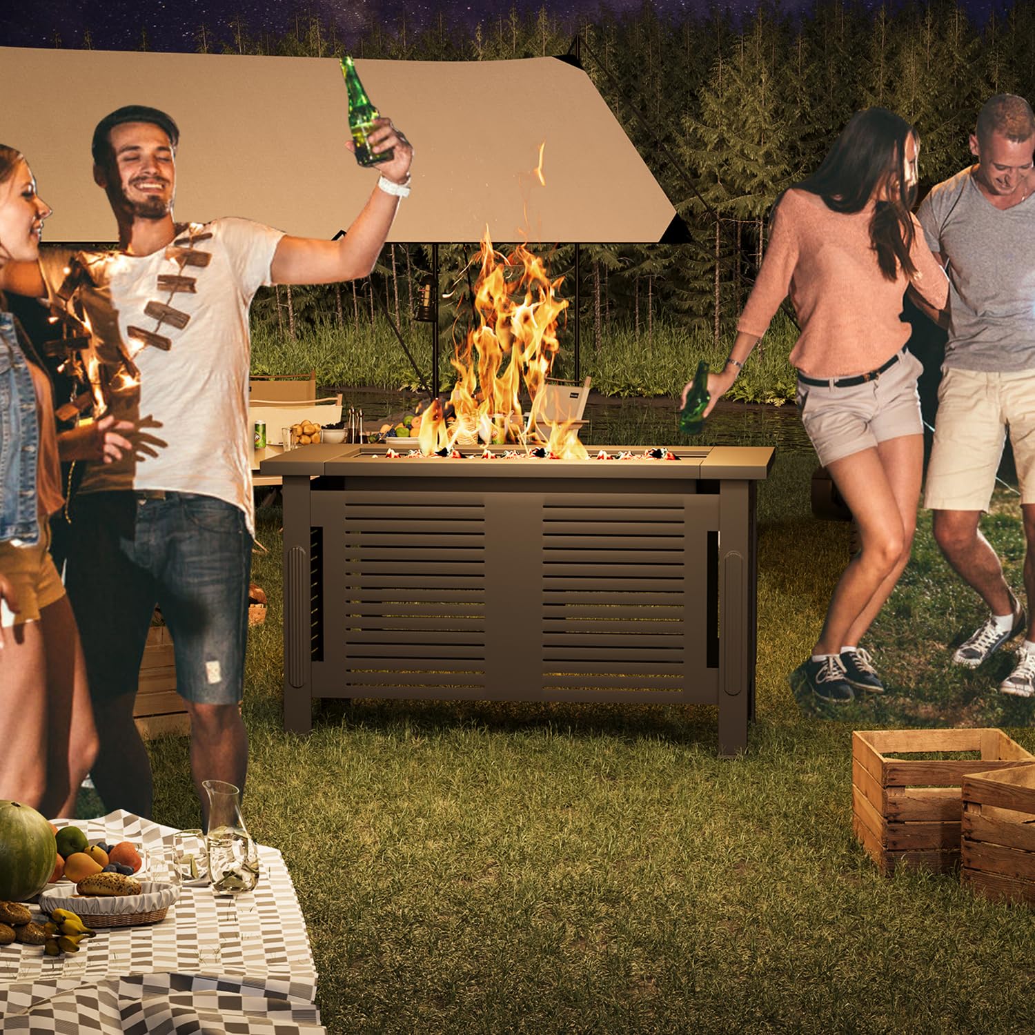 YODOLLA Feuertisch mit Grillrost & Grillzange für Heizung/BBQ Grill | 108x58x63cm Metall Feuerschale, 3-in-1 Holzbrennender Gartenfeuerstelle als Tisch für Gartenpartys verwenden, Schwarz