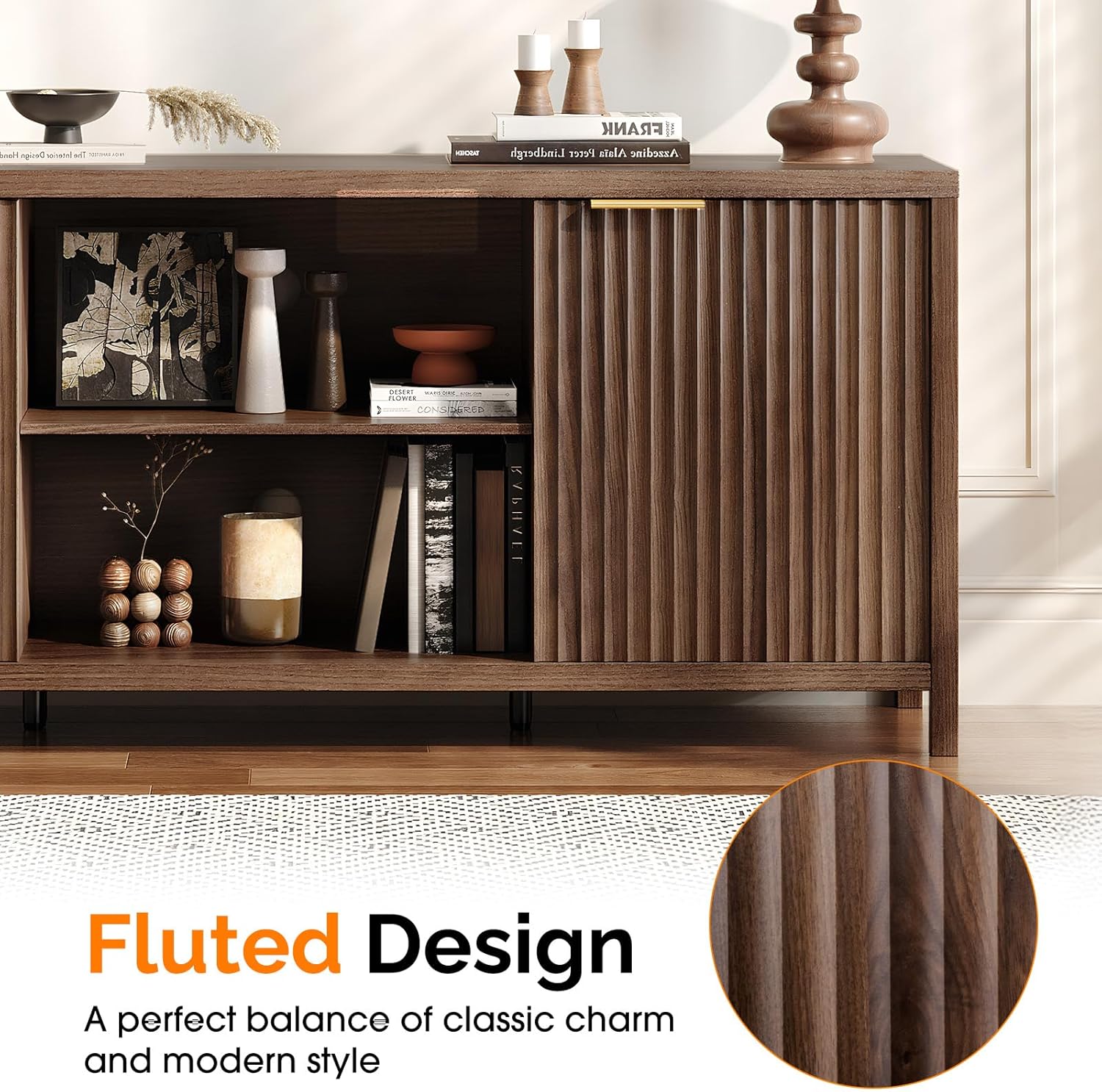 VINGLI Fluted TV Stand for Living Room, 57.8" Mid-Century Modern Entertainment Center with Adjustable Shelves & Cabinet Storage, Natural Wood TV Stand for TVs up to 70 Inch, Walnut